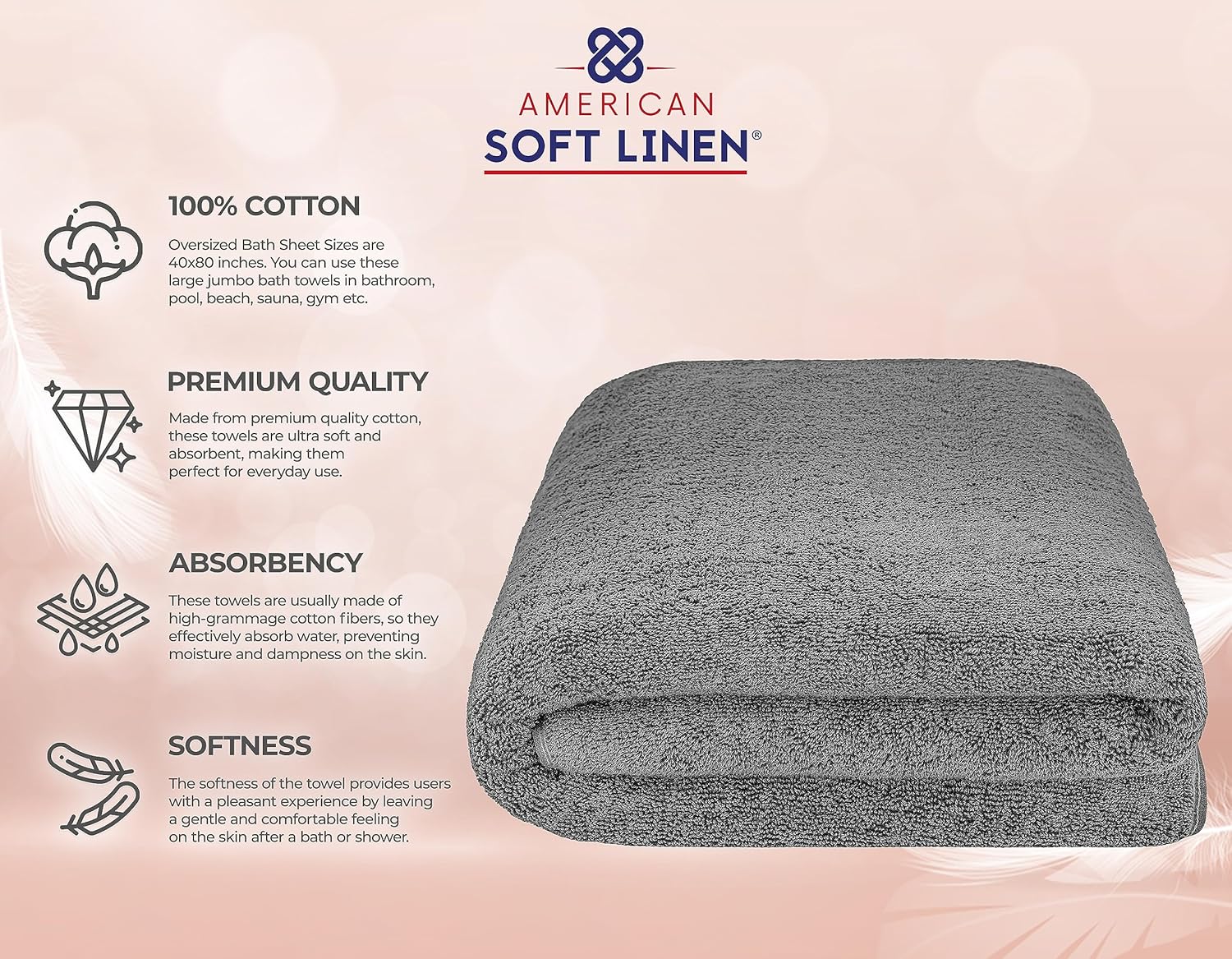 American Soft Linen Luxury 6 Piece Towel Set, 2 Bath Towels 2 Hand Towels 2 Washcloths, 100% Cotton Turkish Towels for Bathroom, Light Grey Towel Sets