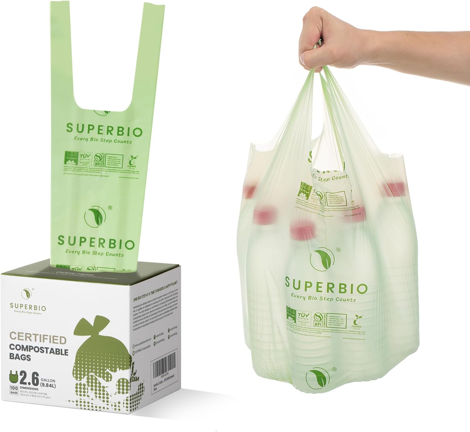 SUPERBIO 1.6 Gallon Handle Tie Compostable Food Scrap Bags For Counter Top Compost Bin, Small Compost Bags, 50 Count, 6 Liter, BPI & OK compost INDUSTRIAL Certified