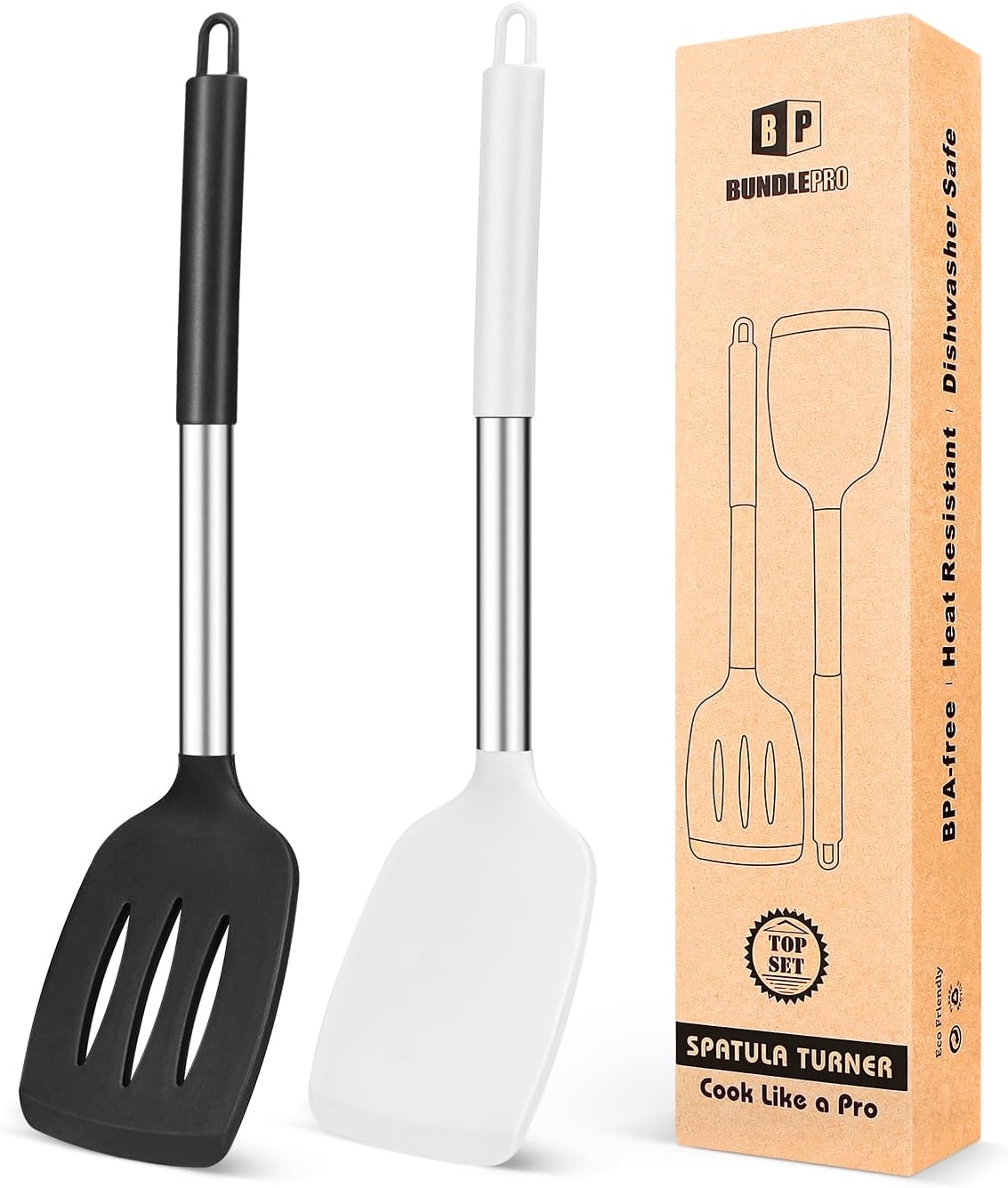 Pack of 2 Silicone Solid Turner,Non Stick Slotted Kitchen Spatulas,High Heat Resistant BPA Free Cooking Utensils,Ideal Cookware for Fish,Eggs,Pancakes (Black)