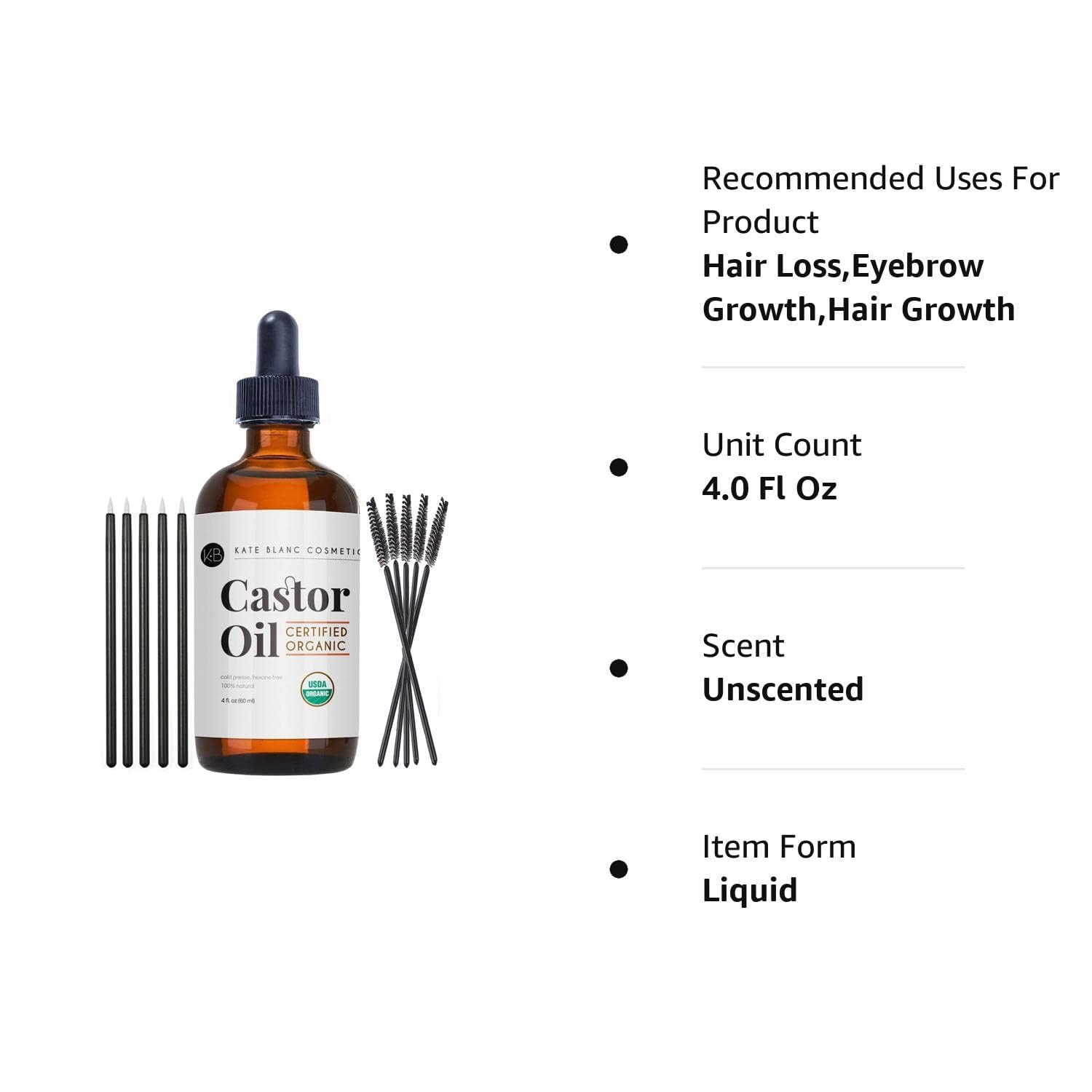 Kate Blanc Cosmetics Castor Oil Organic (2oz), 100% Pure, Cold Pressed, Hexane Free. Stimulate Growth for Hair, Eyelashes, Eyebrows. Hair Treatment Starter Kit & Skin Moisturizer