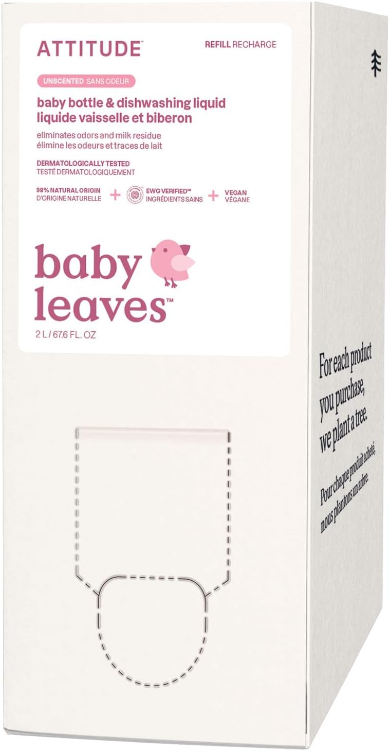 ATTITUDE Baby Dish Soap and Bottle Cleaner, EWG Verified Dishwashing Liquid, No Added Dyes or Fragrances, Tough on Milk Residue and Grease, Vegan, Unscented, 33.8 Fl Oz