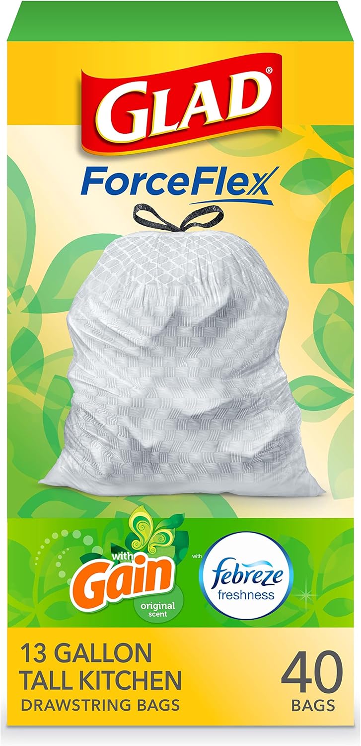 Glad ForceFlex Tall Kitchen Trash Bags, 13 Gal, Gain Original with Febreze, 110 Ct (Pack May Vary)