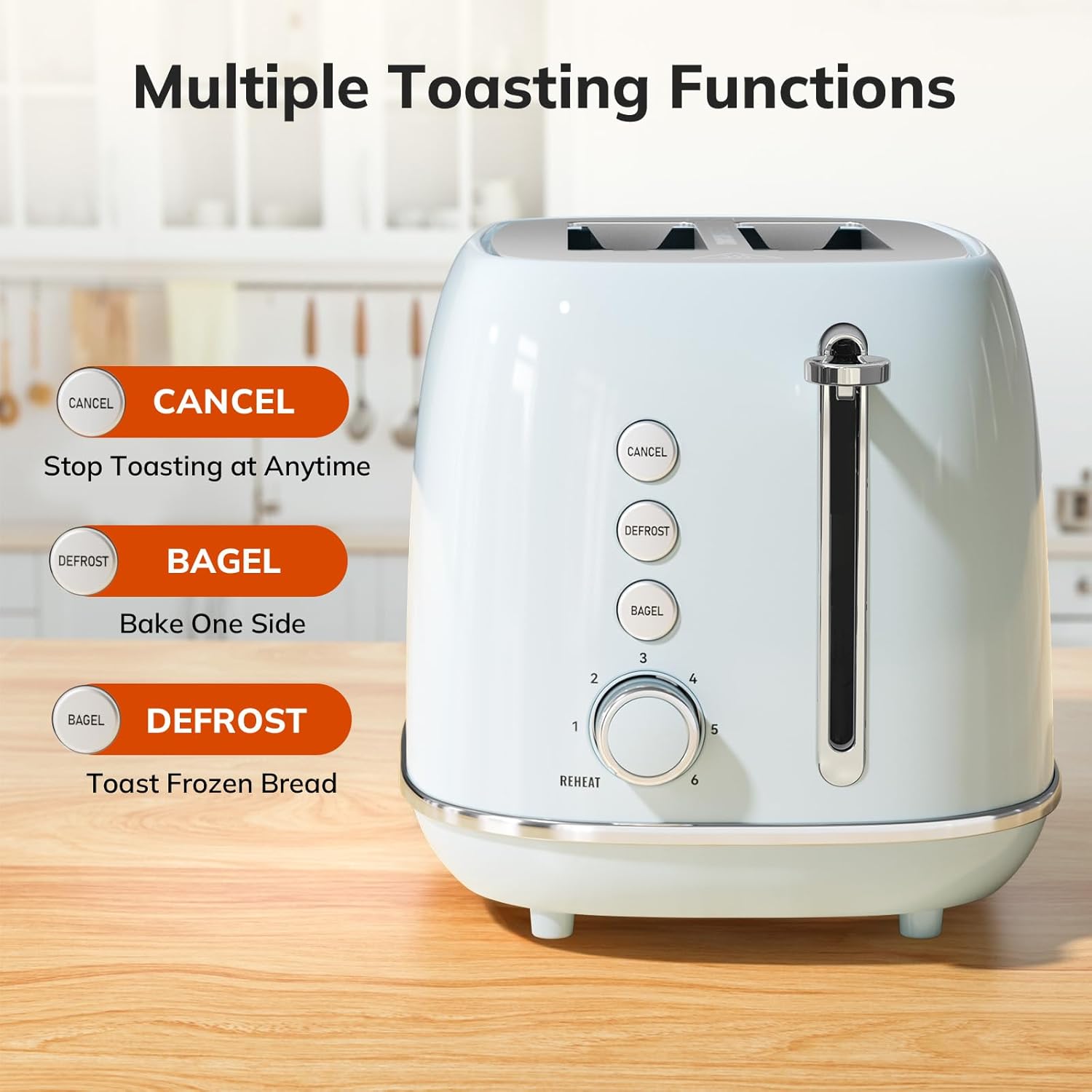 2 Slice Stainless Steel Toaster Retro with 6 Bread Shade Settings, Bagel, Cancel, Defrost Function, 2 Slice Toaster with Extra Wide Slot, Removable Crumb Tray, White
