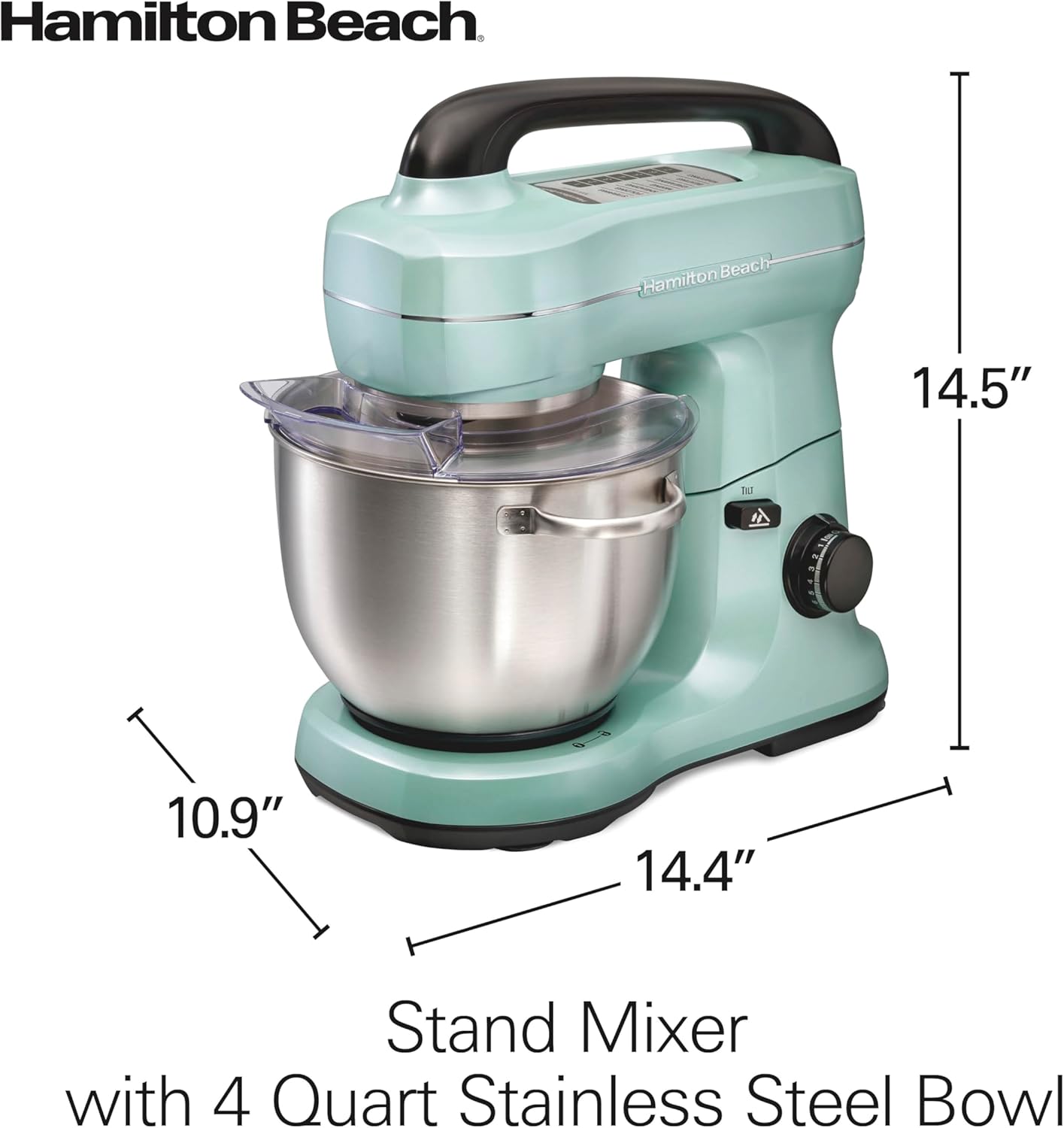 Hamilton Beach Electric Stand Mixer, 4 Quarts, Dough Hook, Flat Beater Attachments, Splash Guard 7 Speeds with Whisk, Black with Top Handle