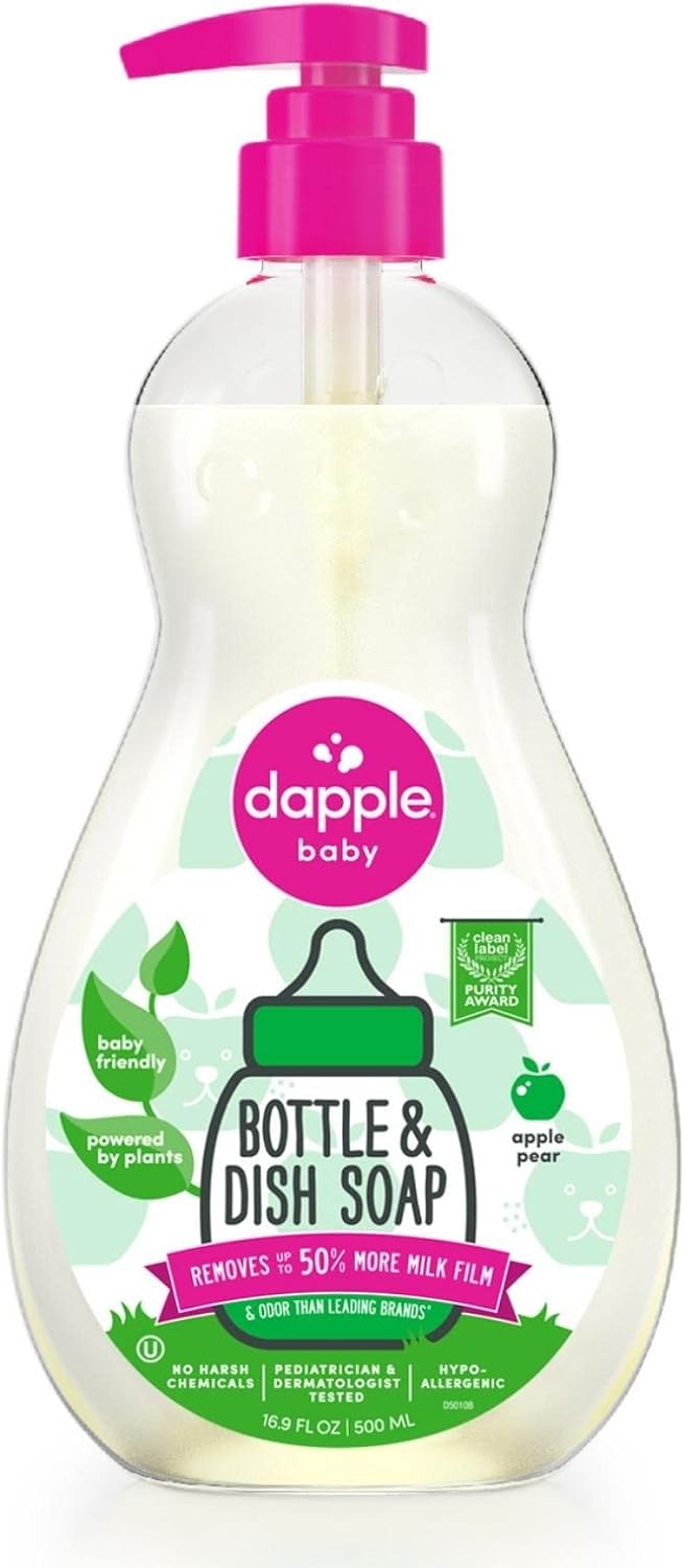 Dapple Baby Bottle Soap, Hypoallergenic Dish Soap for Baby Bottles, Powered by Plants, 1 Pump Included, Packaging May Vary, Fragrance Free, 16.9 Fl Oz (Pack of 3)
