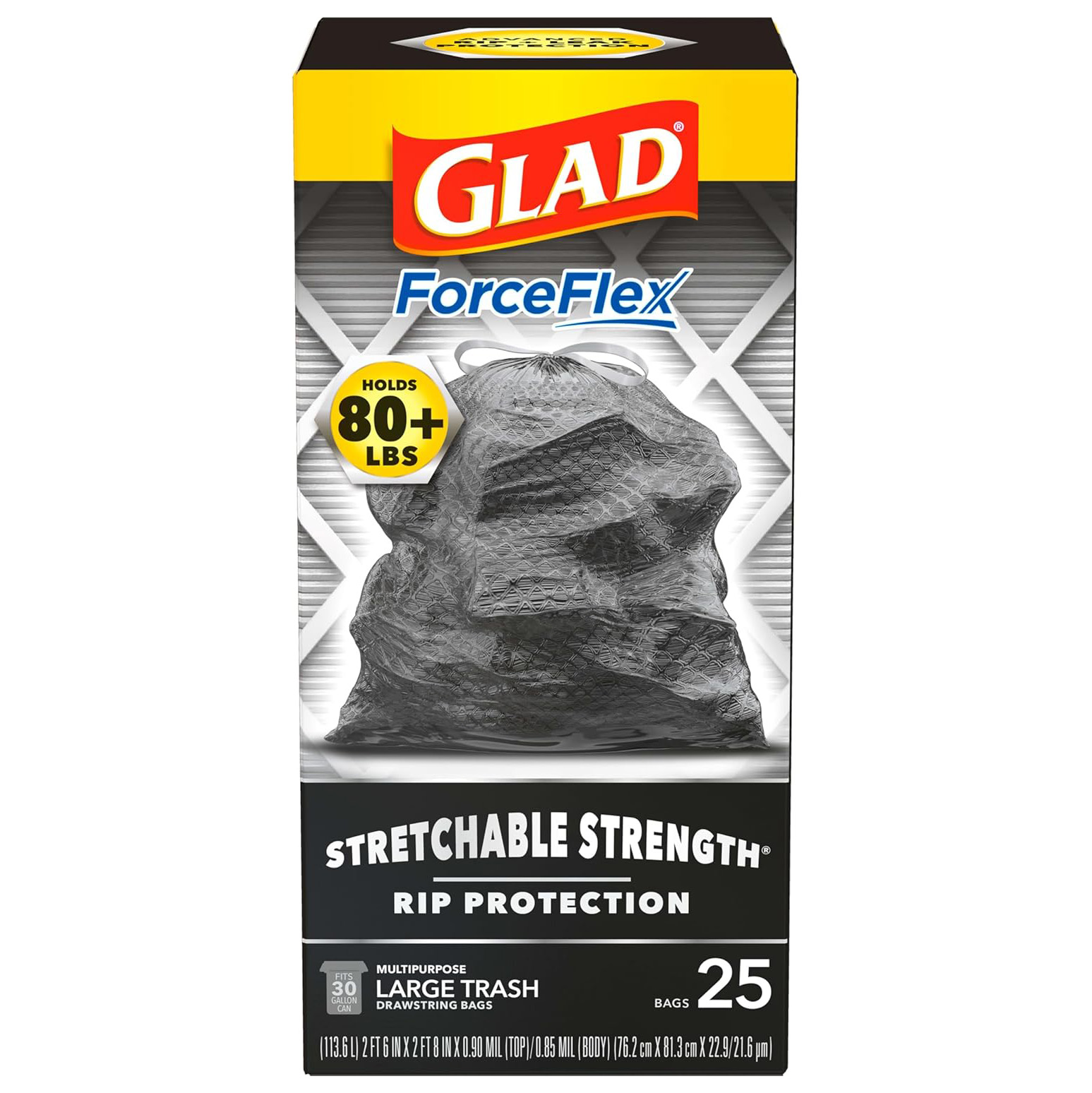 Glad Large Drawstring Trash Bags, ForceFlex 30 Gallon Black Trash Bags, 50 Count (Package May Vary)