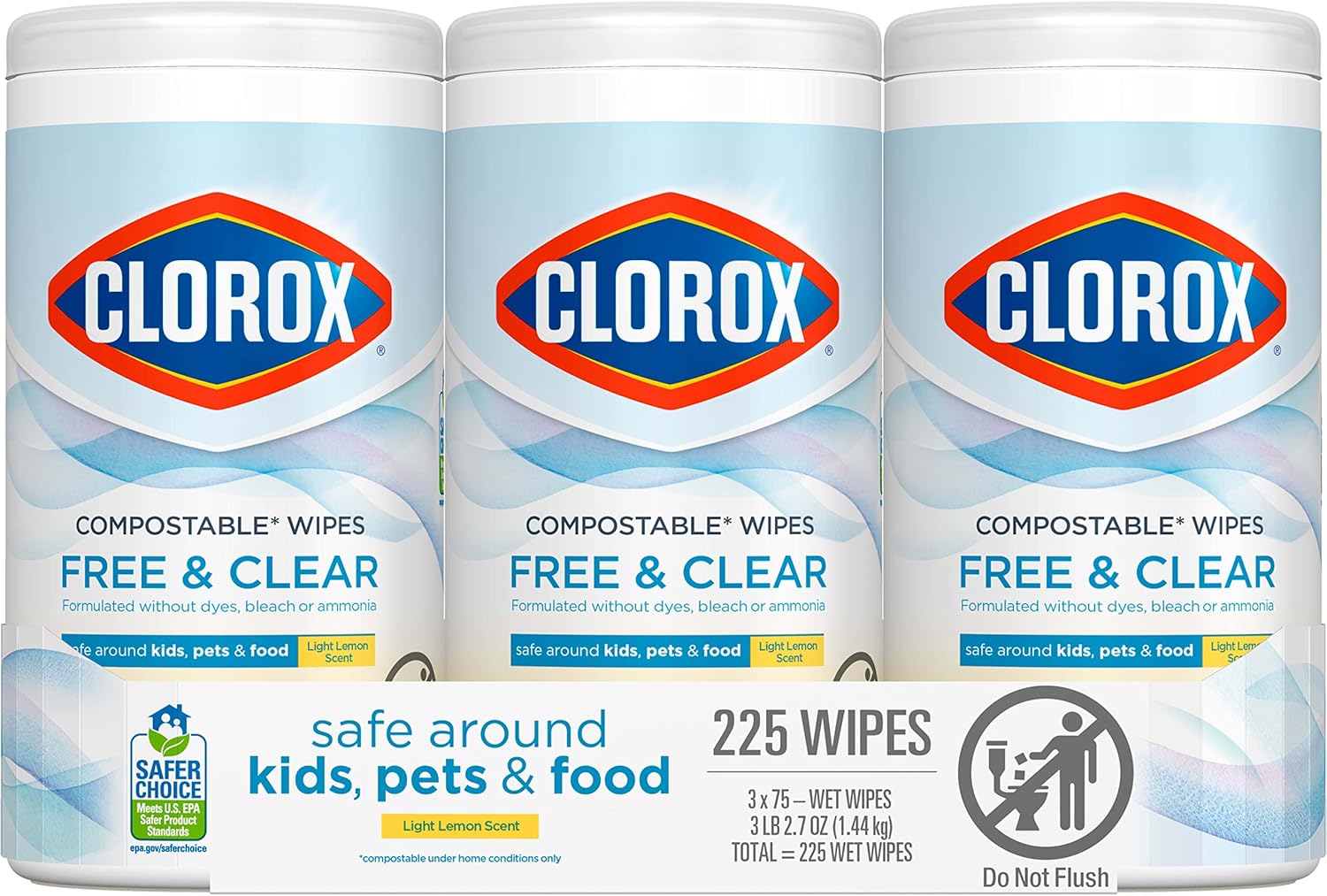 Clorox Free & Clear Compostable Cleaning Wipes, Light Lemon Scent, 75 Count, Pack of 3 (Pack May Vary)