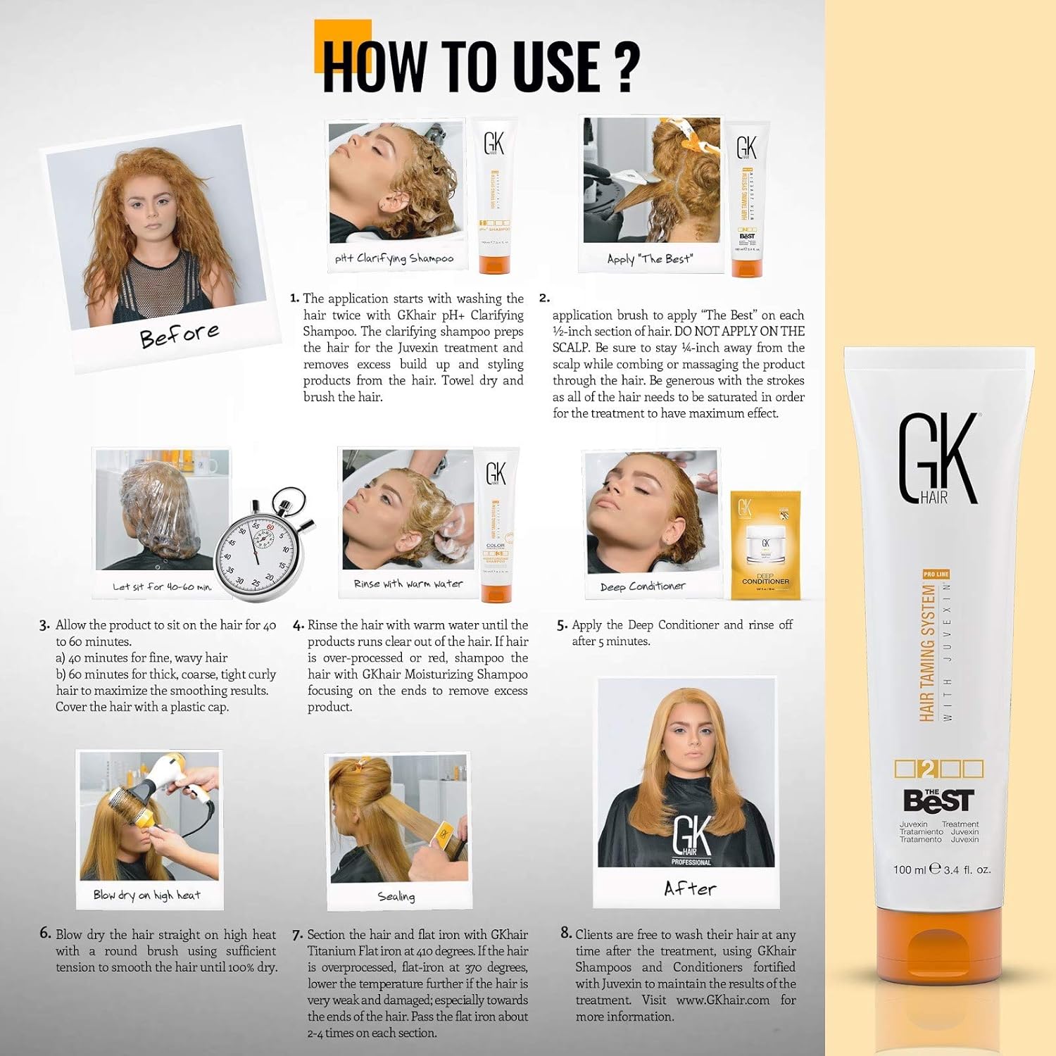 GK HAIR Global Keratin The Best (3.4 Fl Oz/100ml) Smoothing Keratin Hair Treatment - Professional Brazilian Complex Blowout Straightening For Silky Smooth & Frizz Free Hair