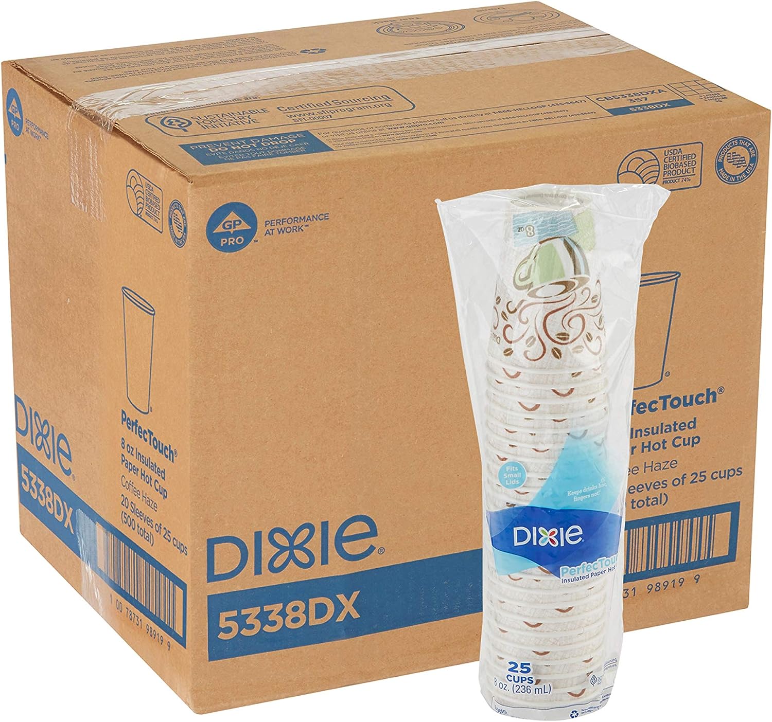 Dixie PerfecTouch 12 Oz Insulated Paper Hot Coffee Cup by GP PRO (Georgia-Pacific); Coffee Haze; 5342DX; 500 Count (25 Cups Per Sleeve; 20 Sleeves Per Case)