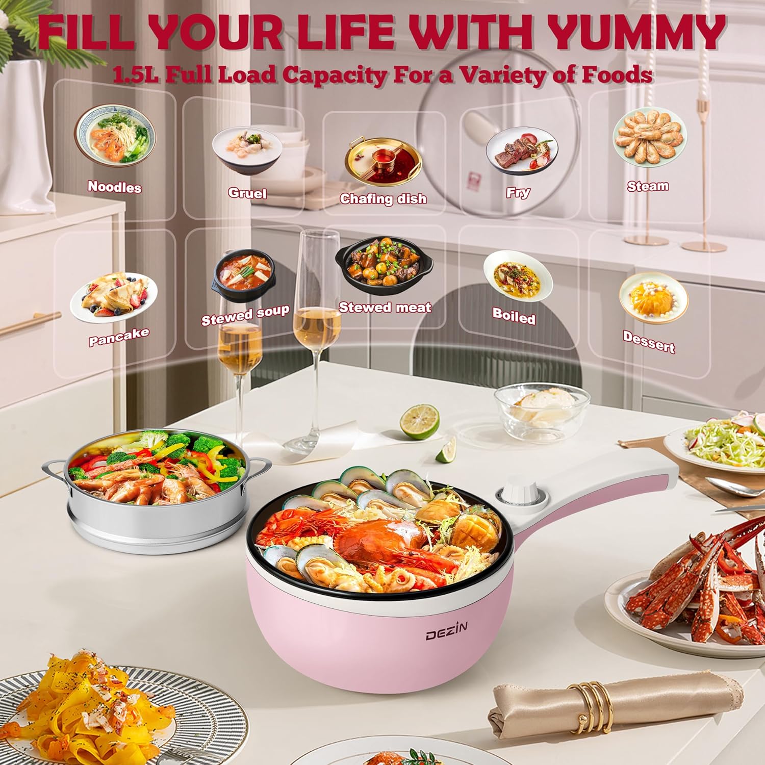 Dezin Hot Pot Electric Upgraded, Non-Stick Sauté Pan, Rapid Noodles Electric Pot, 1.5L Mini Portable Hot Pot for Steak, Egg, Fried Rice, Ramen, Oatmeal, Soup with Power Adjustment(Egg Rack Included)