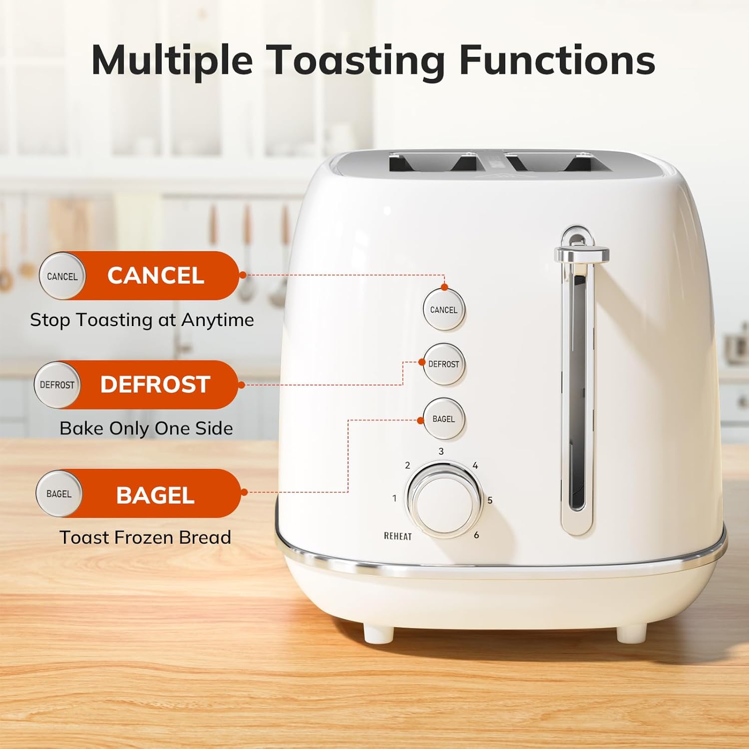 2 Slice Stainless Steel Toaster Retro with 6 Bread Shade Settings, Bagel, Cancel, Defrost Function, 2 Slice Toaster with Extra Wide Slot, Removable Crumb Tray, White
