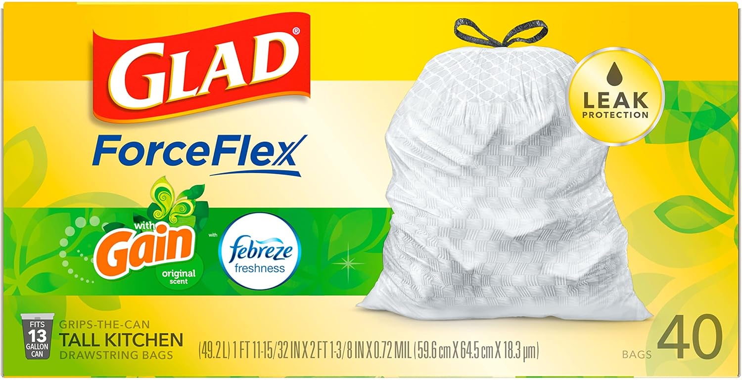 Glad ForceFlex Tall Kitchen Trash Bags, 13 Gal, Gain Original with Febreze, 110 Ct (Pack May Vary)