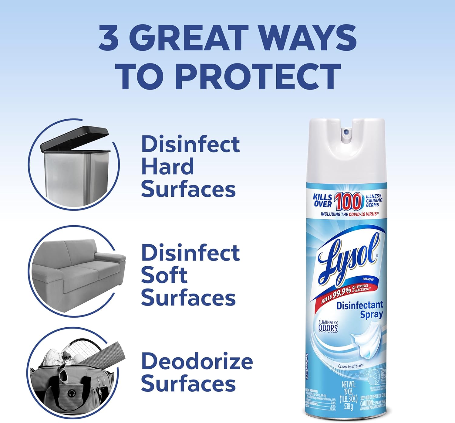 Lysol Disinfectant Spray, Household Essential Cleaning Supplies, Multi-Purpose Room Spray, Antibacterial Sanitizer Spray, Upholstery Deodorizer, Home and Bathroom, Crisp Linen,19 Fl Oz (Pack of 2)