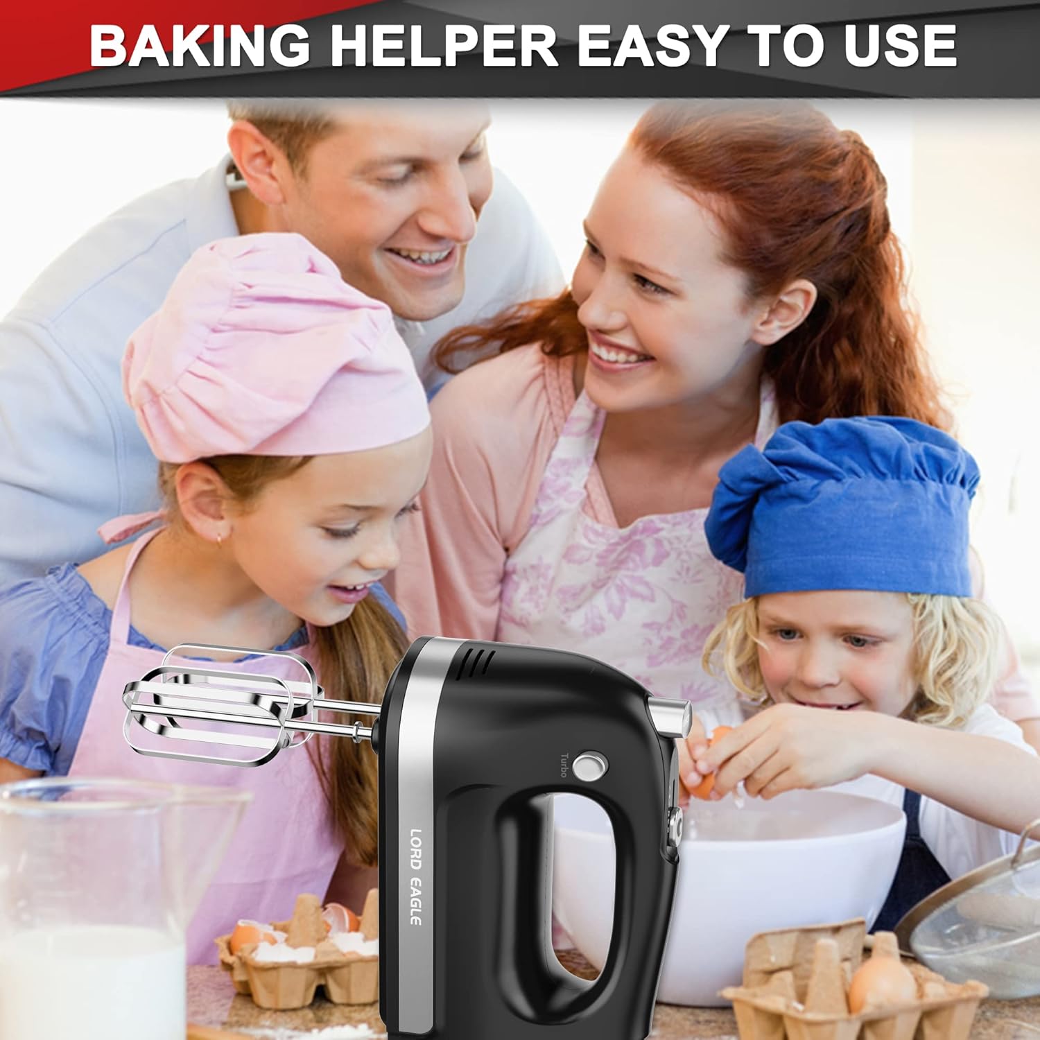 Lord Eagle Hand Mixer Electric, 400W Power handheld Mixer for Baking Cake Egg Cream Food Beater, Turbo Boost/Self-Control Speed + 5 Speed + Eject Button + 5 Stainless Steel Accessories (White)