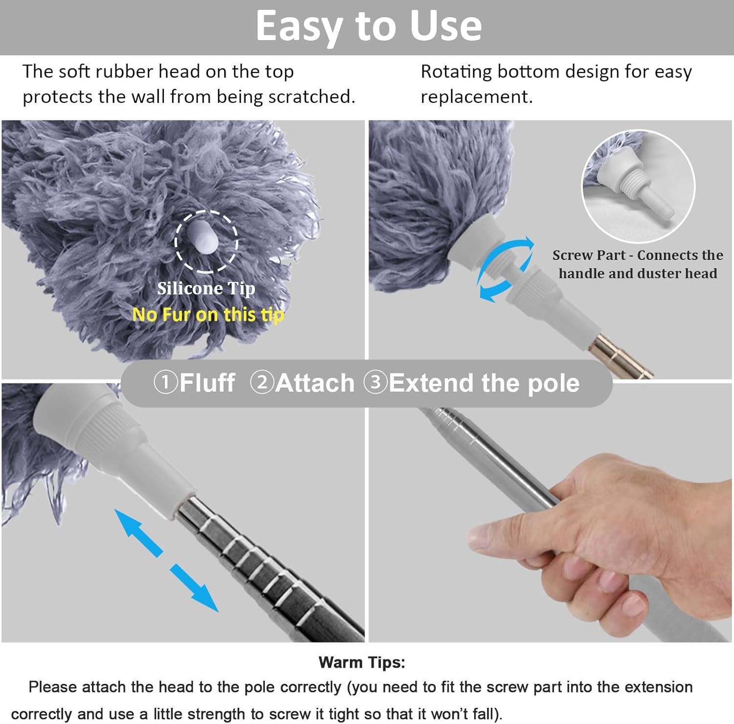 DELUX Microfiber Feather Duster Extendable Duster with 100 inches Extra Long Pole, Bendable Head & Long Handle Dusters for Cleaning Ceiling Fan, High Ceiling, Blinds, Furniture & Cars Gray