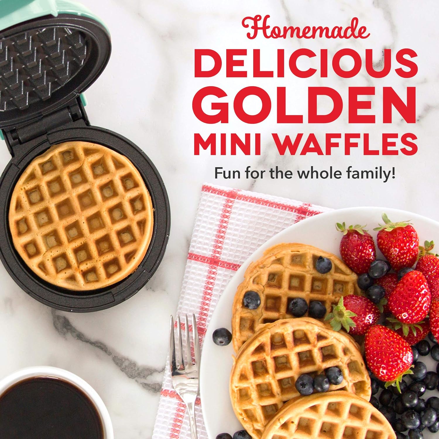 DASH No-Drip Waffle Maker - Four Waffle Molds, Nonstick Waffle Iron with Quick Heat-Up, Nonstick Surface - Perfect Waffle Maker for Kids and Families, Just Add Batter