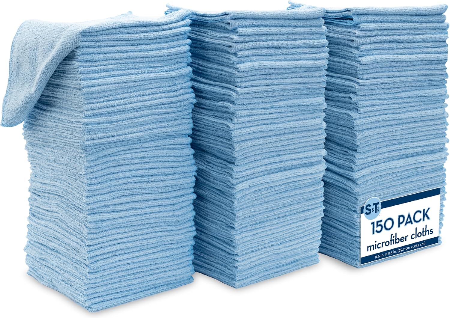S&T INC. 150 Pack Microfiber Cleaning Cloth, Bulk Microfiber Towel for Home, Reusable Microfiber Towels for Cars, Light Blue, 11.5 in. x 11.5 in., 150 Count