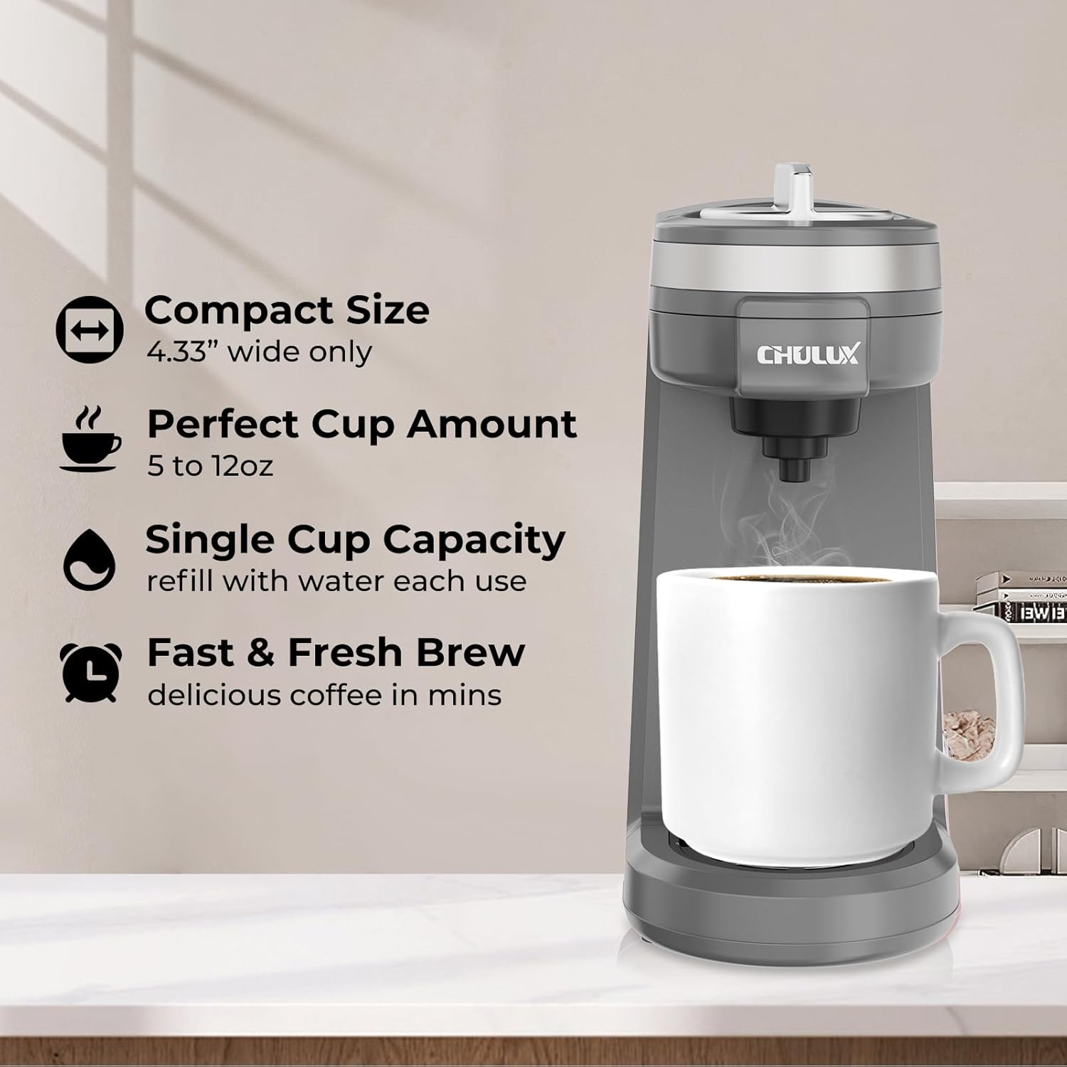 CHULUX Single Serve Coffee Maker for K Capsule and Ground Coffee, Single Cup Coffee Machine, Black