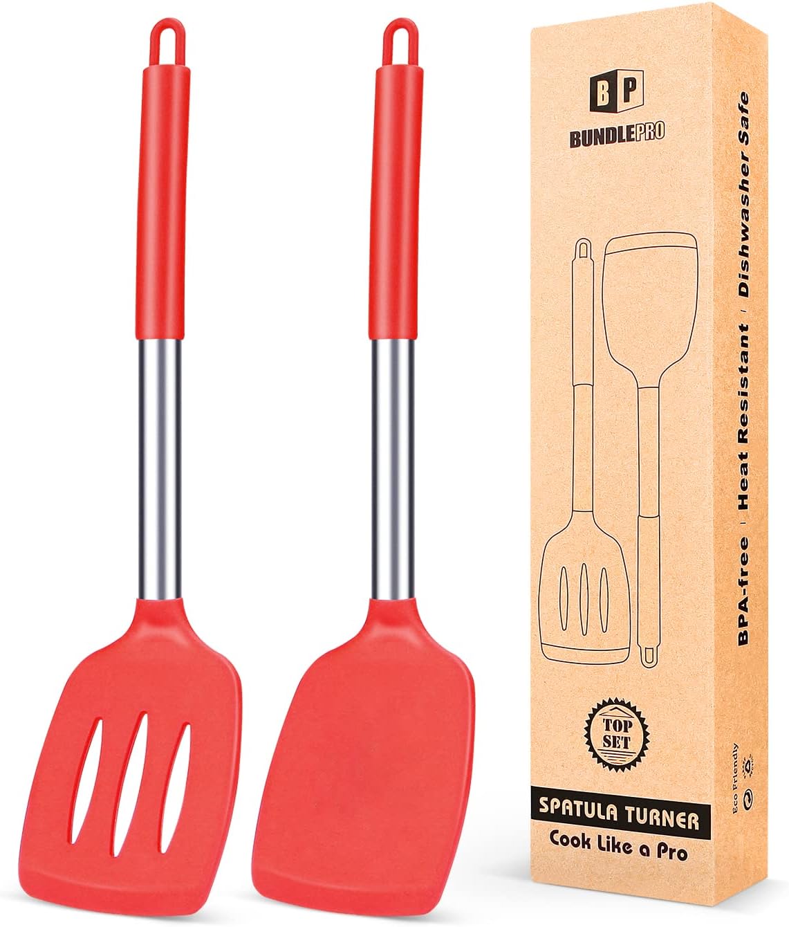 Pack of 2 Silicone Solid Turner,Non Stick Slotted Kitchen Spatulas,High Heat Resistant BPA Free Cooking Utensils,Ideal Cookware for Fish,Eggs,Pancakes (Black)
