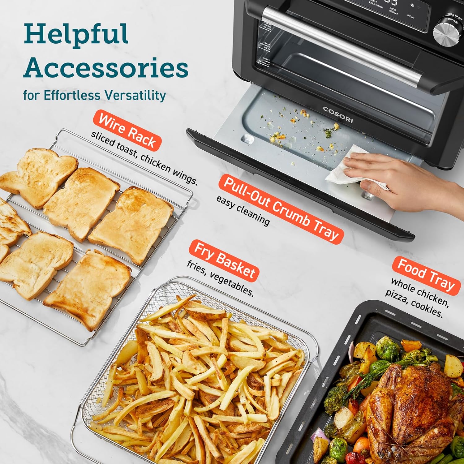 COSORI Smart 11-in-1 Air Fryer Toaster Oven Combo, Airfryer Convection Oven Countertop, Bake, Roast, Reheat, Broil, Dehydrate, 94 Recipes & 3 Accessories, 26QT, Silver, Stainless Steel