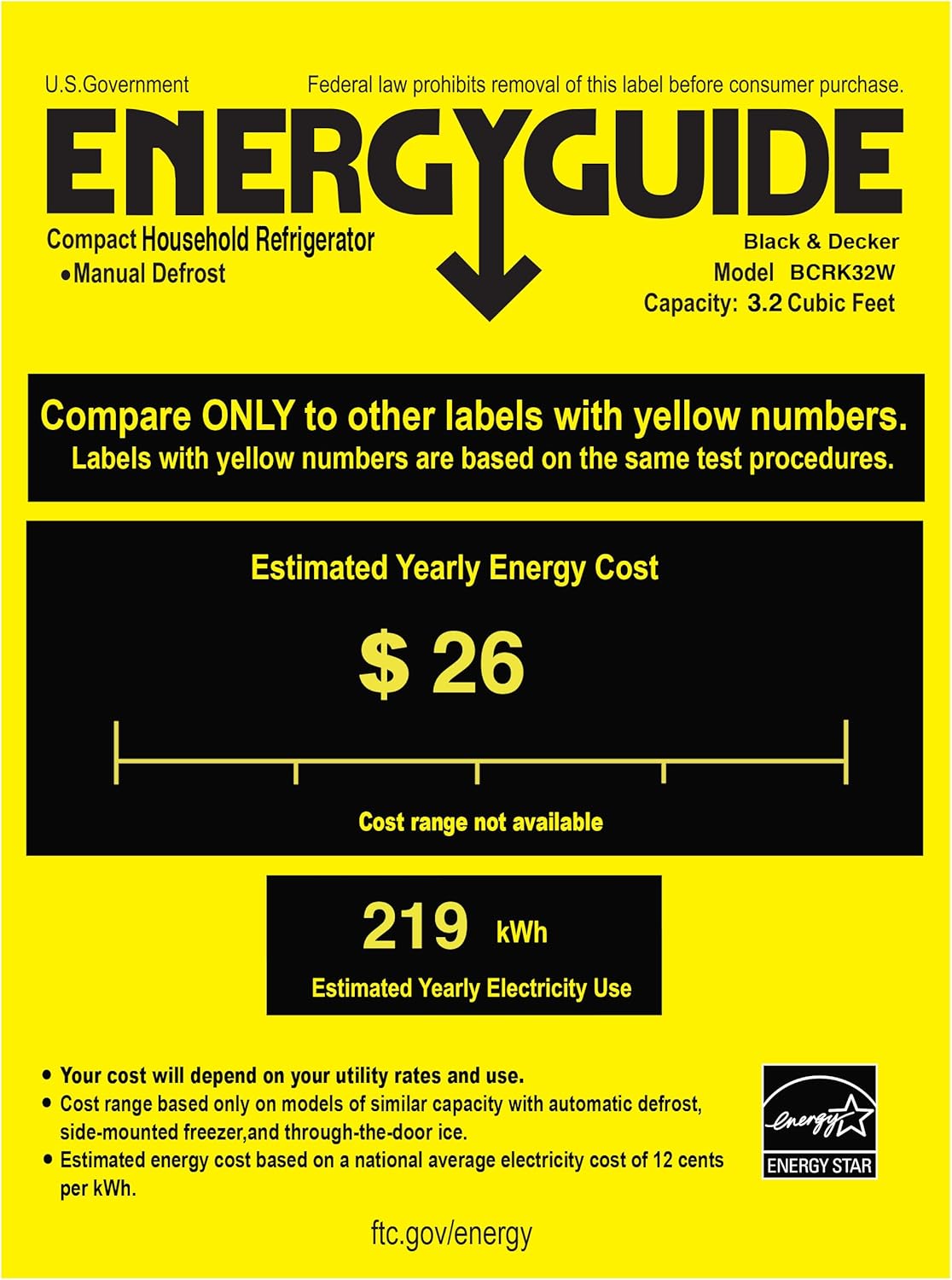 BLACK+DECKER BCRK17B Compact Refrigerator Energy Star Single Door Mini Fridge with Freezer, 1.7 Cubic Feet, Black