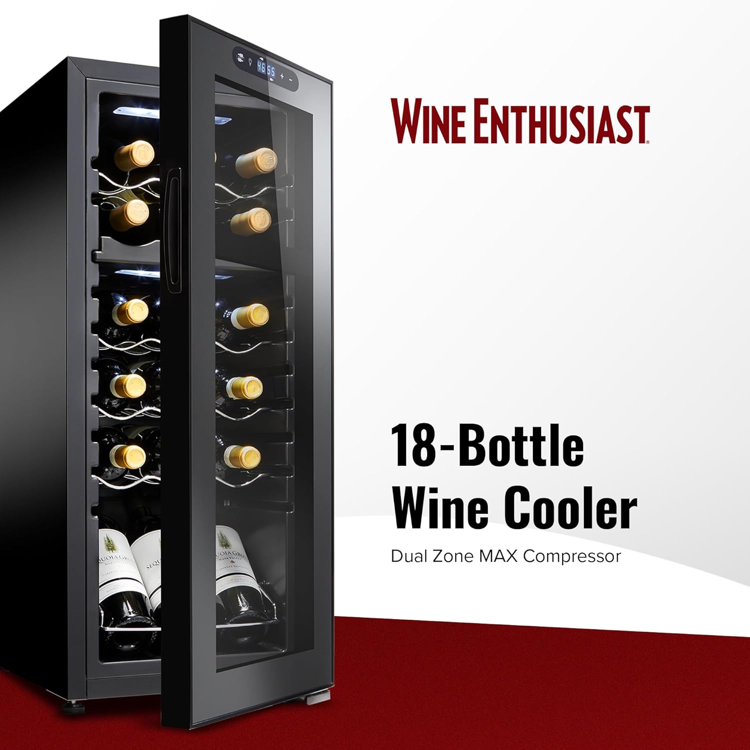 Wine Enthusiast 32-Bottle Dual Zone MAX Compressor Wine Cooler - Freestanding Refrigerator with Split Storage & Temperature, Digital Touchscreen, & LED Display