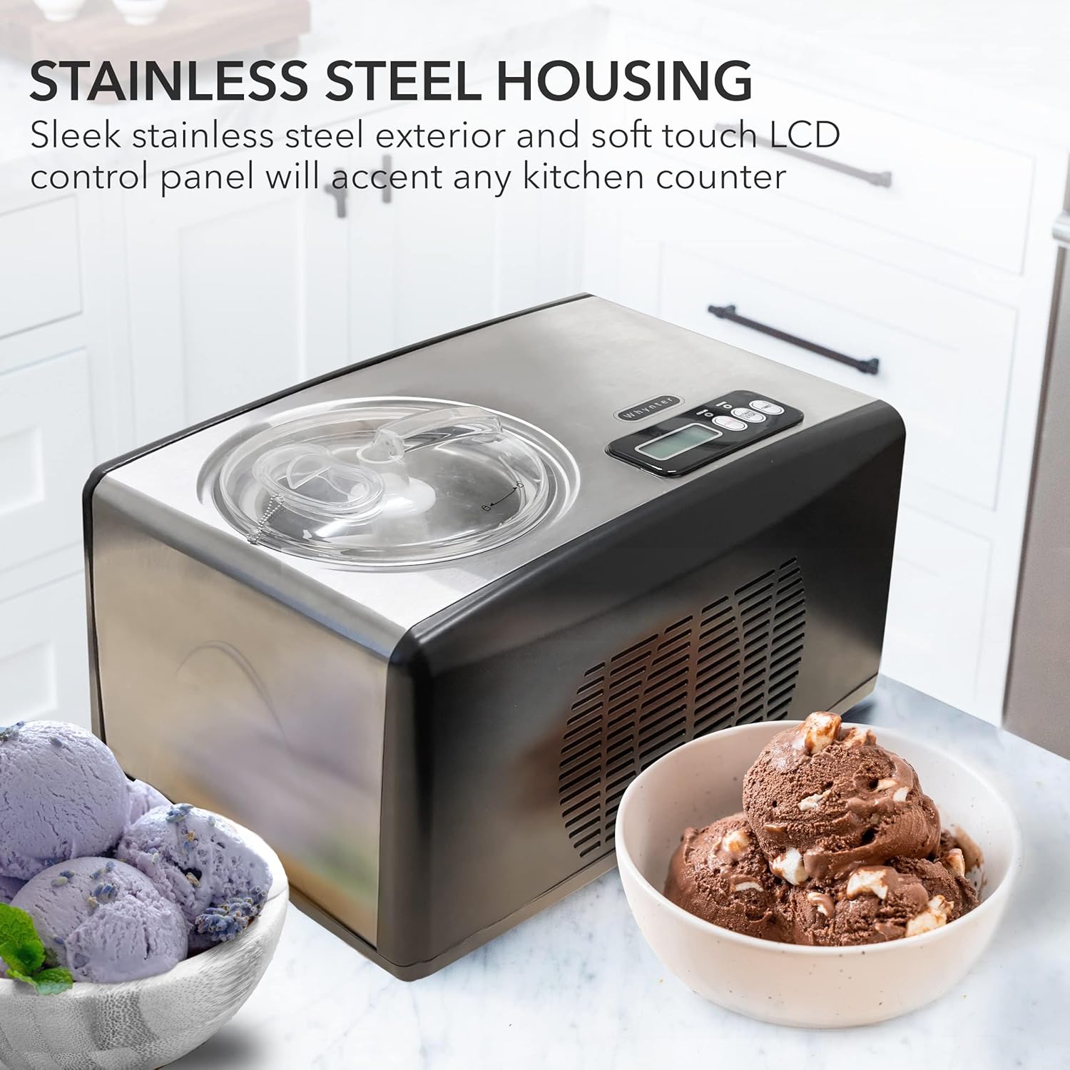 Whynter Ice Cream Maker Machine Automatic 2.1 Qt with Built-in Compressor, LCD Digital Display & Timer, No Pre-Freezing, ICM-200LS, Stainless Steel