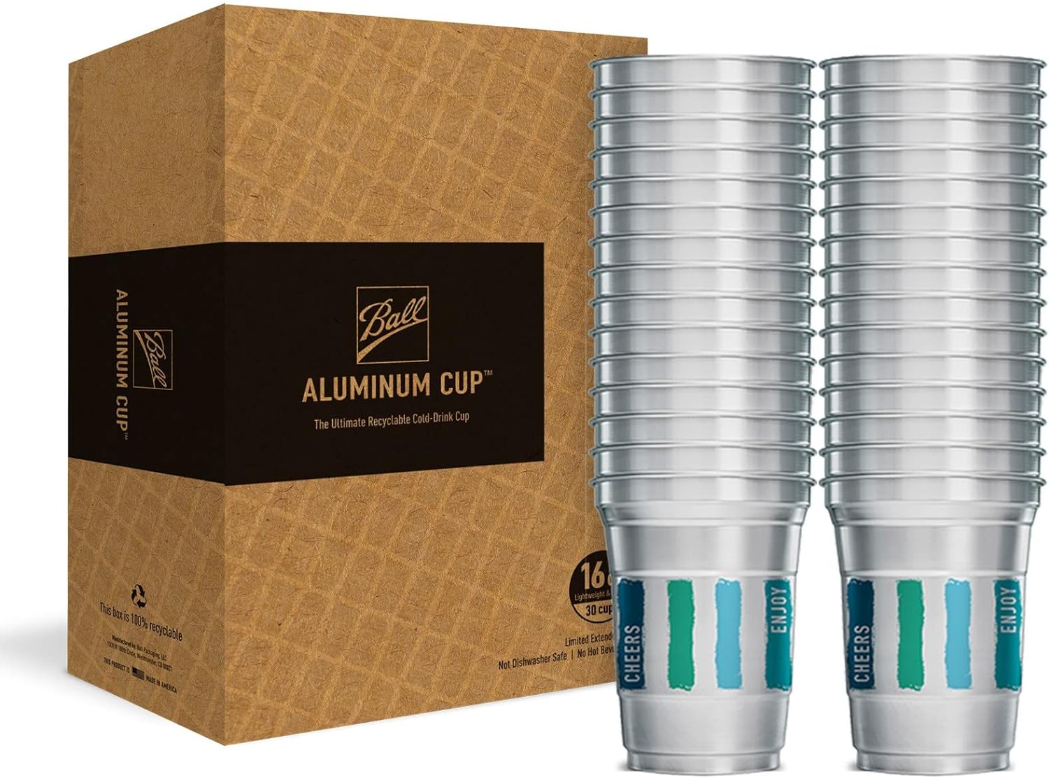 Ball Aluminum Cup Recyclable Party Cups, 20 oz. Cup, 30 Cups Per Pack
