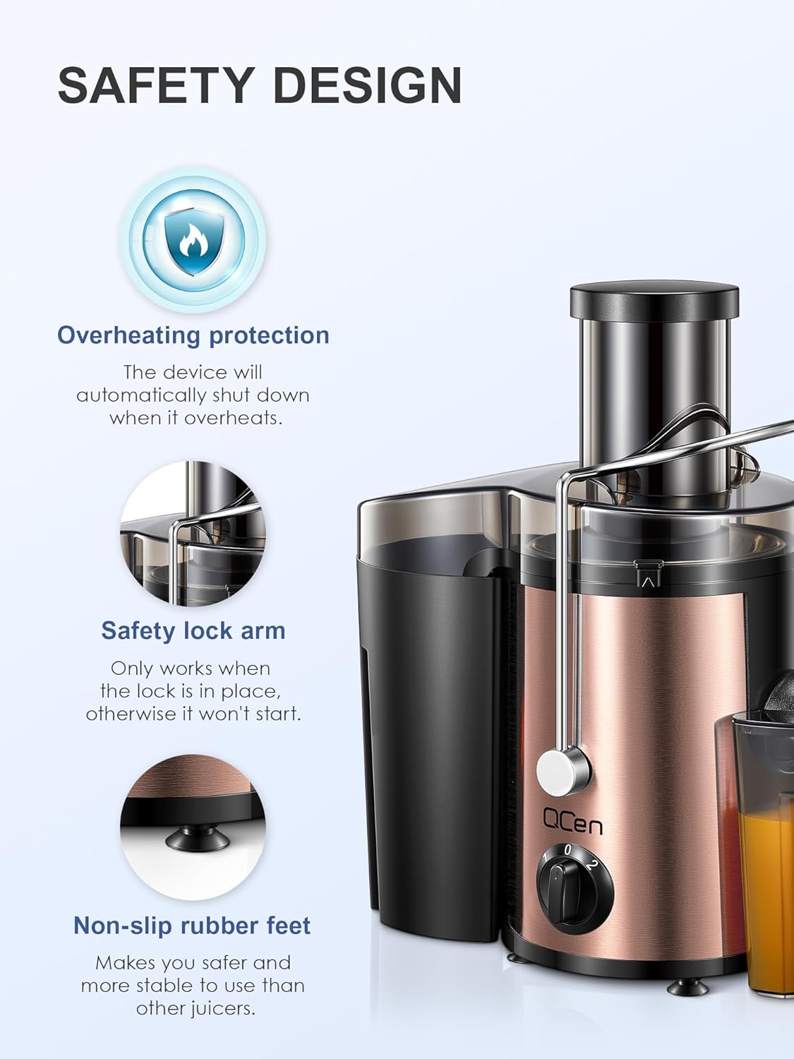 Qcen Juicer Machine, 800W Centrifugal Juicer Extractor with Wide Mouth 3” Feed Chute for Fruit Vegetable, Easy to Clean, Stainless Steel, BPA-free (Black)