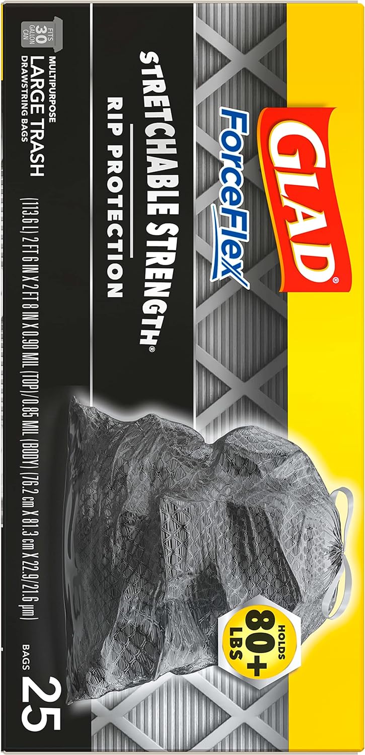 Glad Large Drawstring Trash Bags, ForceFlex 30 Gallon Black Trash Bags, 50 Count (Package May Vary)