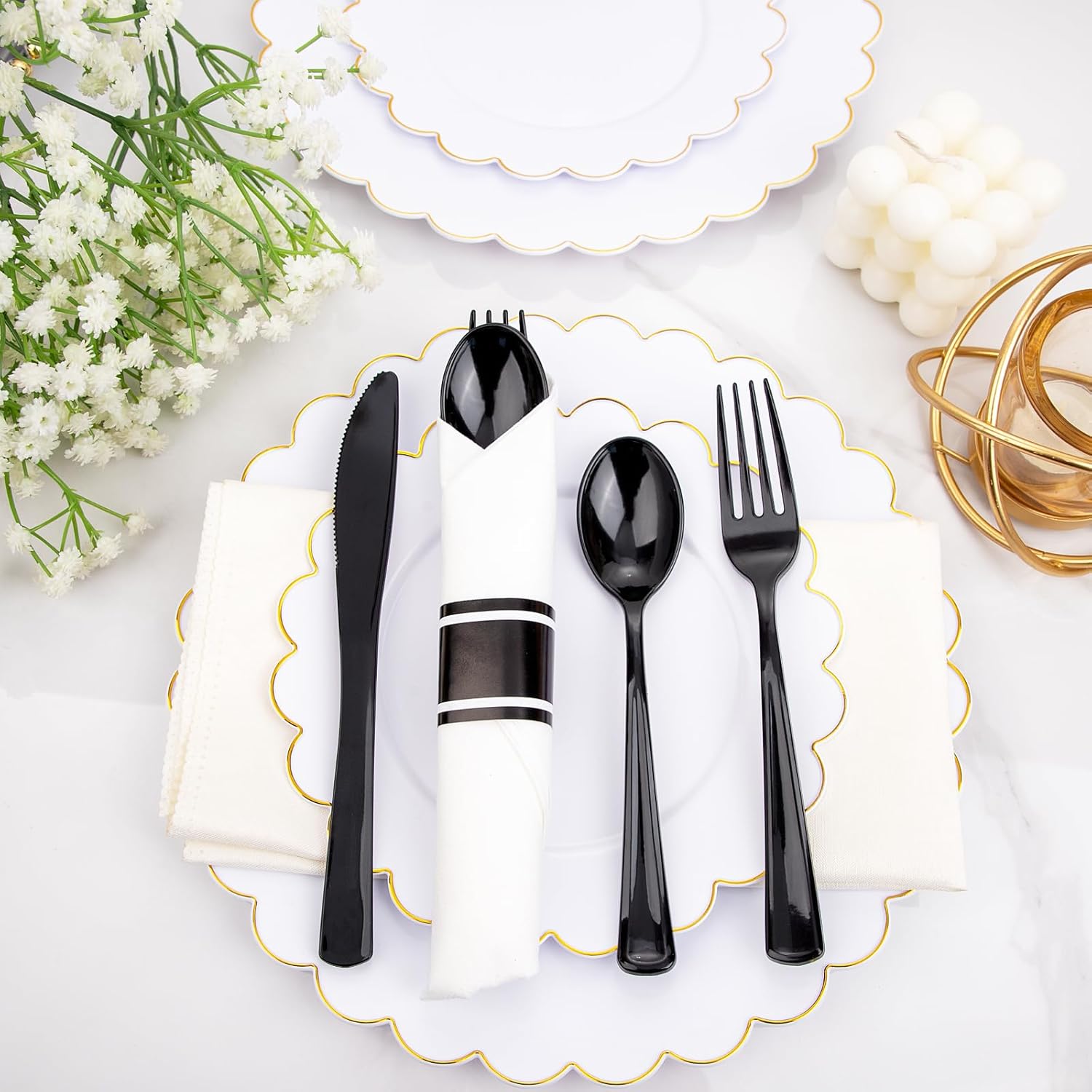 Supernal 60 Pack Pre Rolled Napkins with Gold Plastic Silverware, Premium Disposable Gold Wrapped Cutlery Set Includes: 60 Forks 60 Knives 60 Spoons 60 Napkin for Party