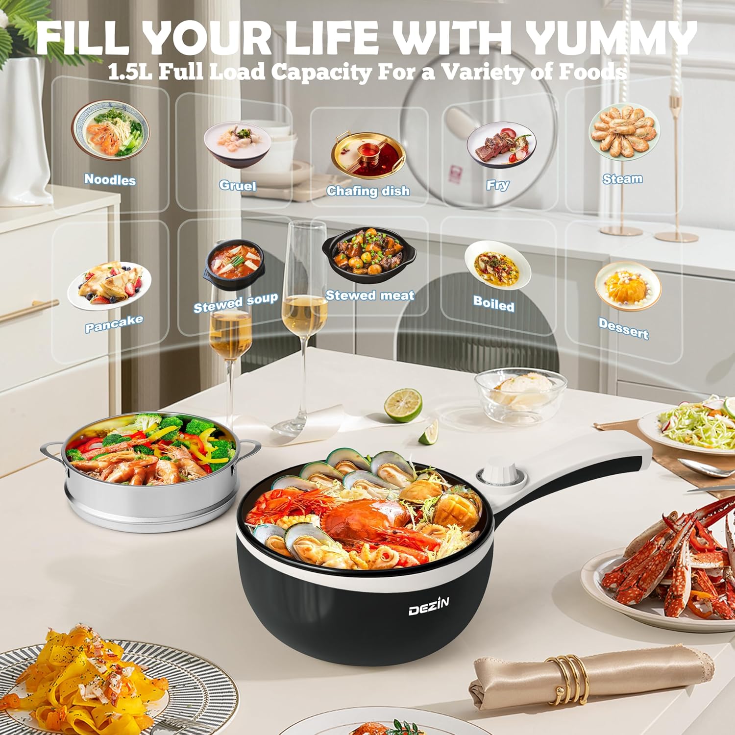 Dezin Hot Pot Electric Upgraded, Non-Stick Sauté Pan, Rapid Noodles Electric Pot, 1.5L Mini Portable Hot Pot for Steak, Egg, Fried Rice, Ramen, Oatmeal, Soup with Power Adjustment(Egg Rack Included)
