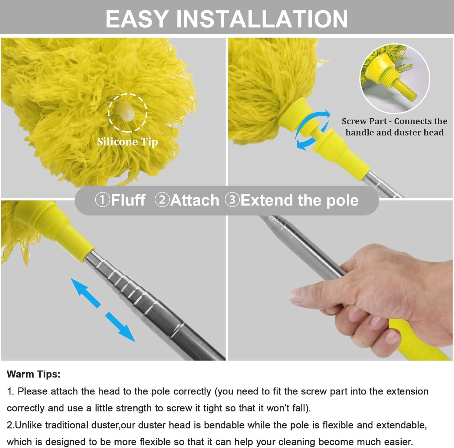 DELUX Microfiber Feather Duster Extendable Duster with 100 inches Extra Long Pole, Bendable Head & Long Handle Dusters for Cleaning Ceiling Fan, High Ceiling, Blinds, Furniture & Cars Gray