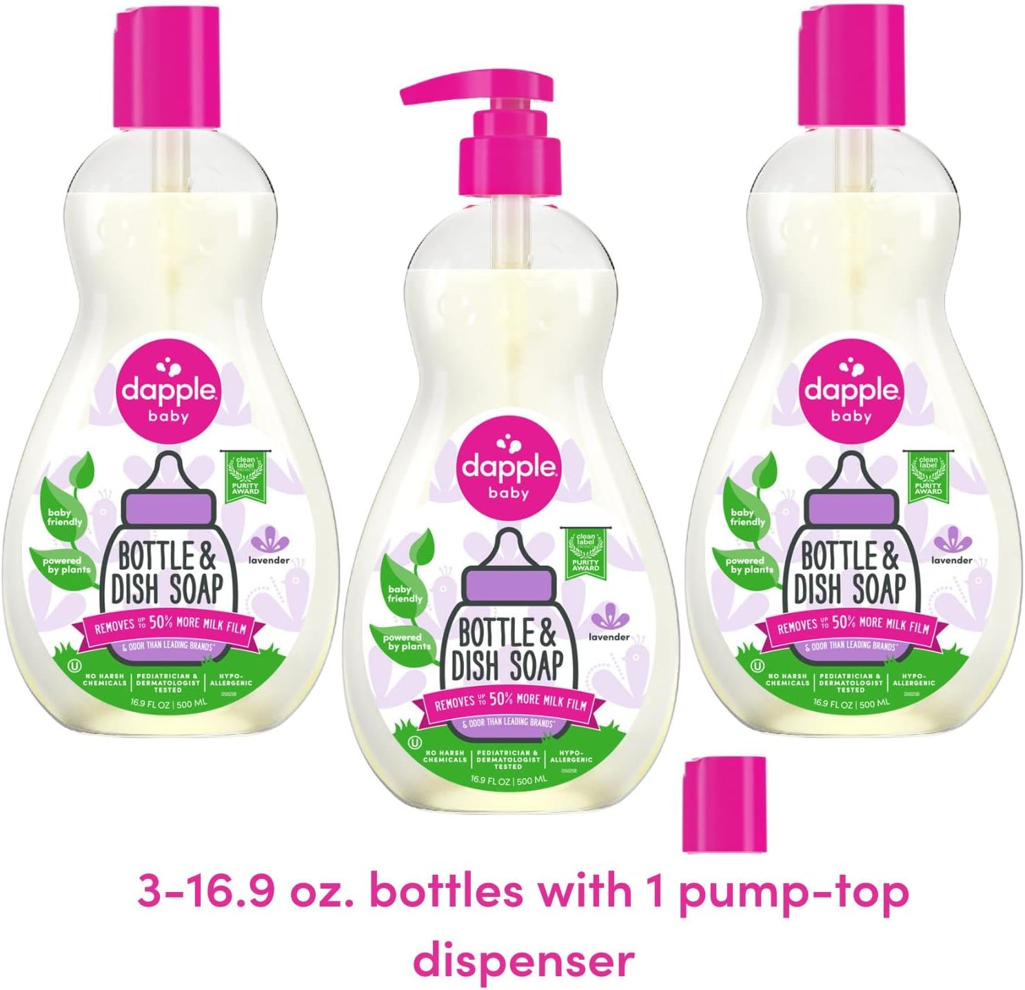 Dapple Baby Bottle Soap, Hypoallergenic Dish Soap for Baby Bottles, Powered by Plants, 1 Pump Included, Packaging May Vary, Fragrance Free, 16.9 Fl Oz (Pack of 3)