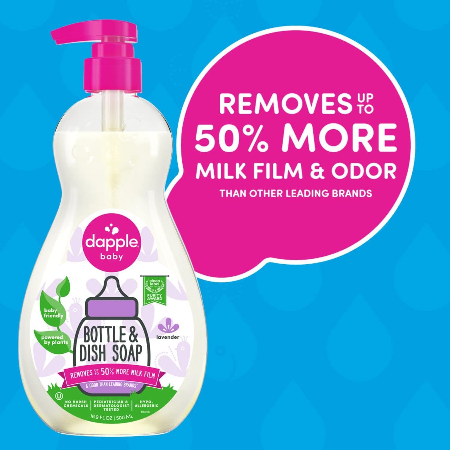 Dapple Baby Bottle Soap, Hypoallergenic Dish Soap for Baby Bottles, Powered by Plants, 1 Pump Included, Packaging May Vary, Fragrance Free, 16.9 Fl Oz (Pack of 3)