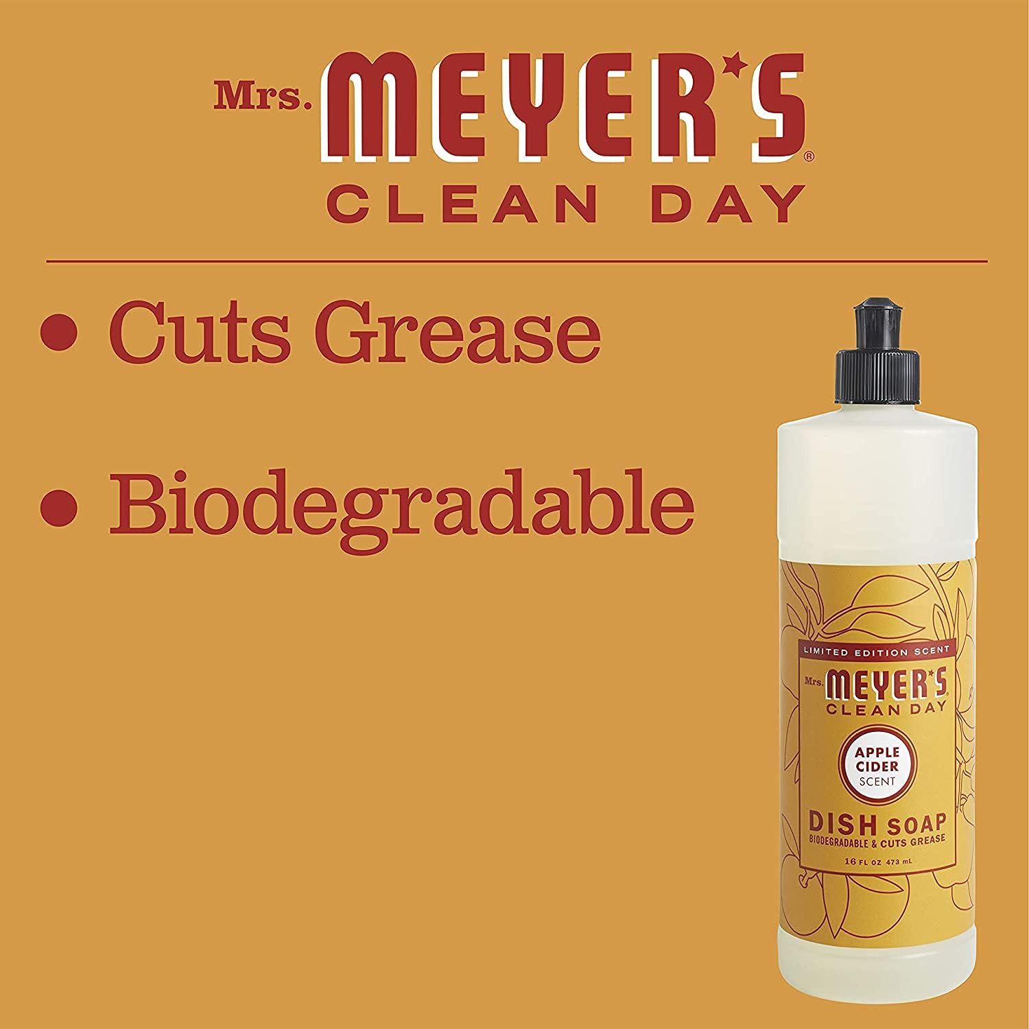 MRS. MEYER'S CLEAN DAY Liquid Dish Soap, Biodegradable Formula, Basil, 16 fl. oz - Pack of 3