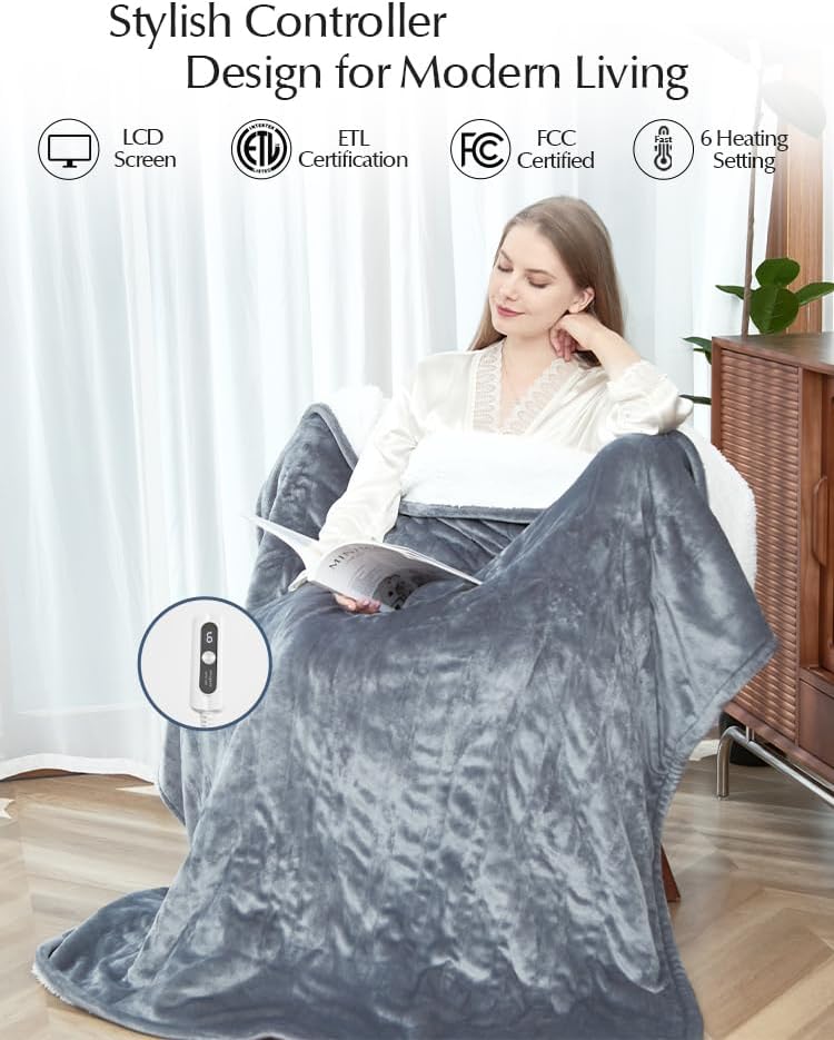 Heated Blanket Throw Size, Soft and Cozy Electric Heating Blanket for Bed, Automatic Safety System 6 Heating Levels & 4 Hours Auto-Off, 50