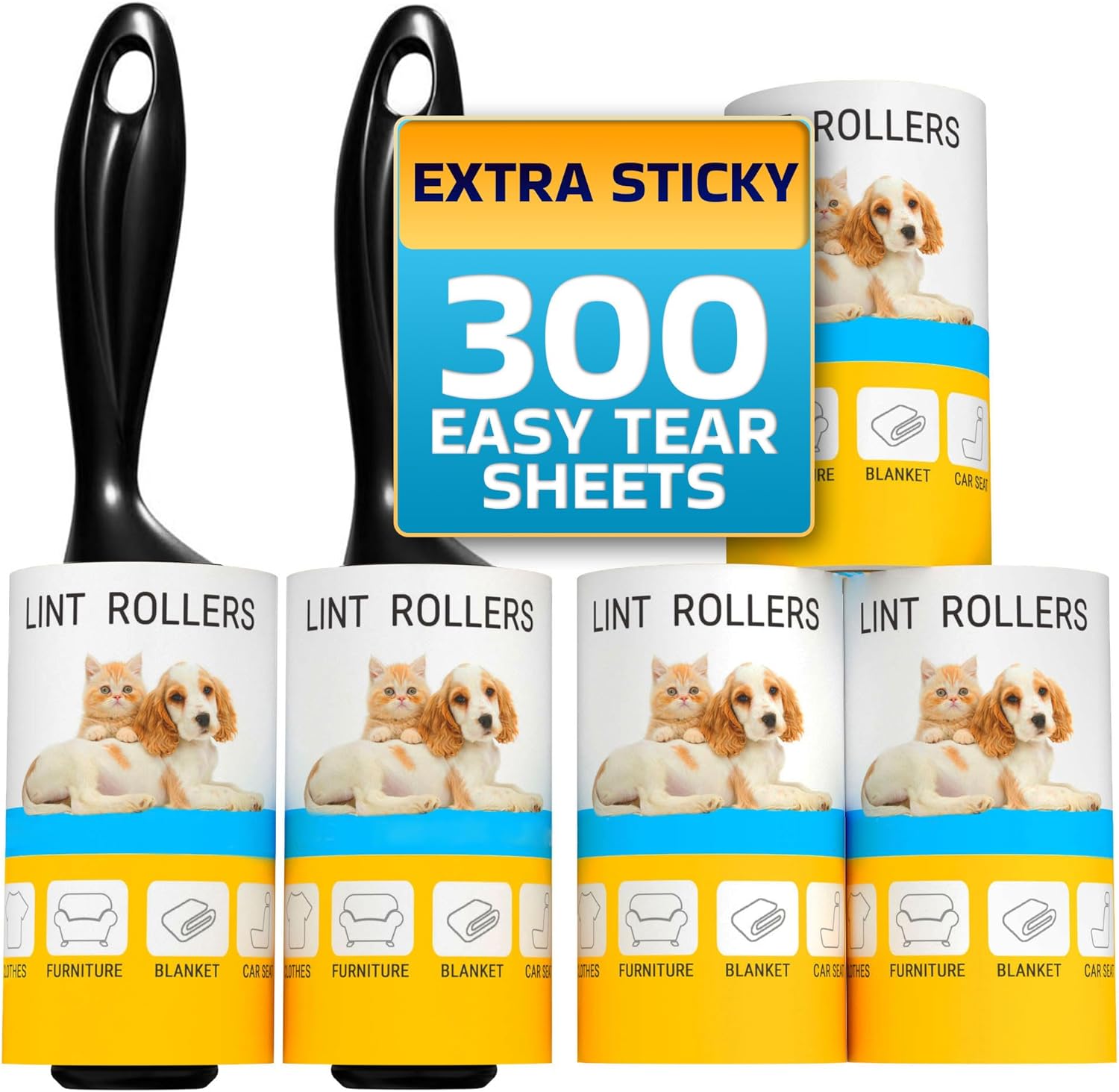 Lint Rollers for Pet Hair, Sticky, Remover for Couch, Clothes Furniture and Carpet. Lint Roller Dog Hair Remover Cat Hair, Animal Hair, Pet Fur, Fuzz. 5 Large Pet Hair Lint Rollers