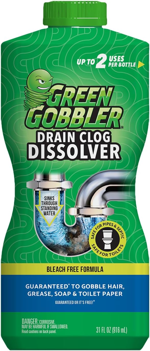 Green Gobbler Drain Clog Remover | Toilet Clog Remover | Dissolve Hair & Organic Materials from Clogged Toilets, Sinks and Drains | Drain Cleaner and Opener, 128 oz