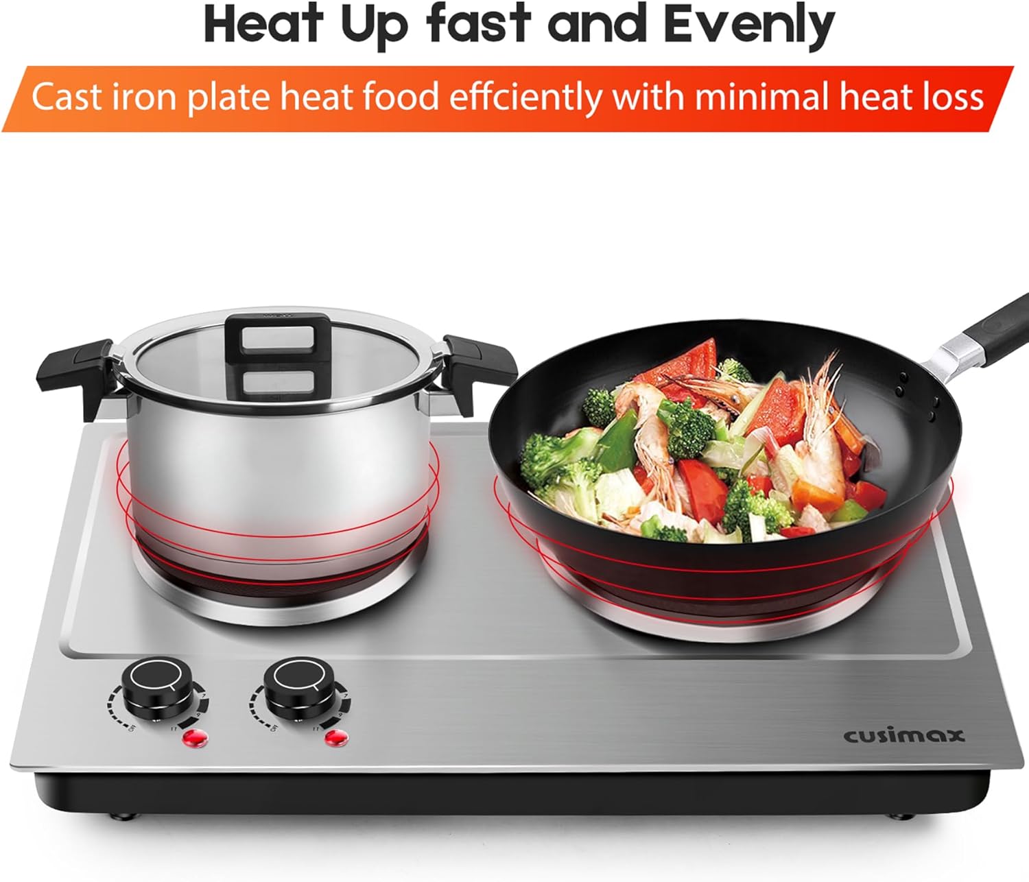 CUSIMAX 1800W Ceramic Electric Hot Plate for Cooking, Dual Control Infrared Cooktop, Double Burner, Portable Countertop Burner, Glass Plate Electric Cooktop, Silver, Stainless Steel-Upgraded Version