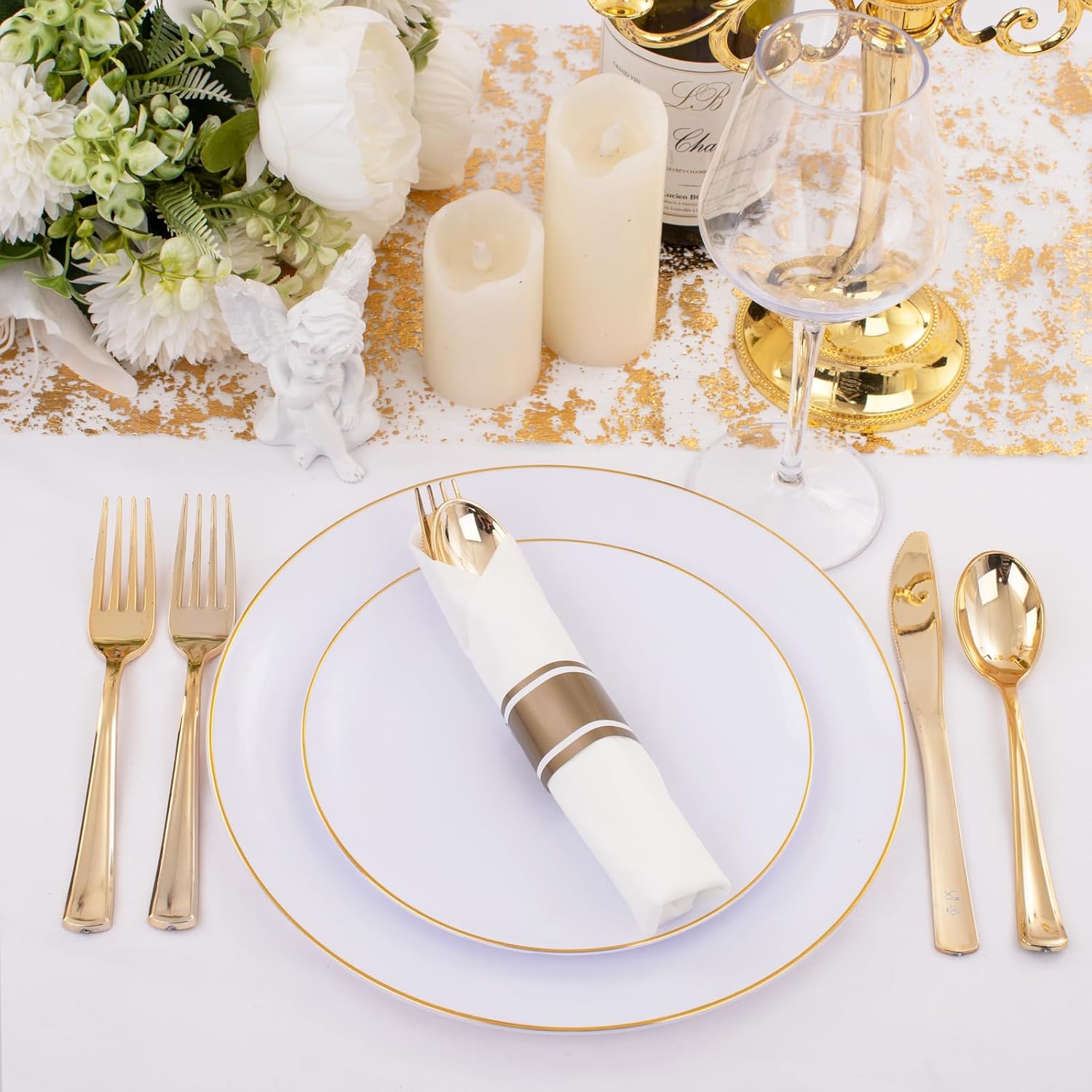 Supernal 60 Pack Pre Rolled Napkins with Gold Plastic Silverware, Premium Disposable Gold Wrapped Cutlery Set Includes: 60 Forks 60 Knives 60 Spoons 60 Napkin for Party