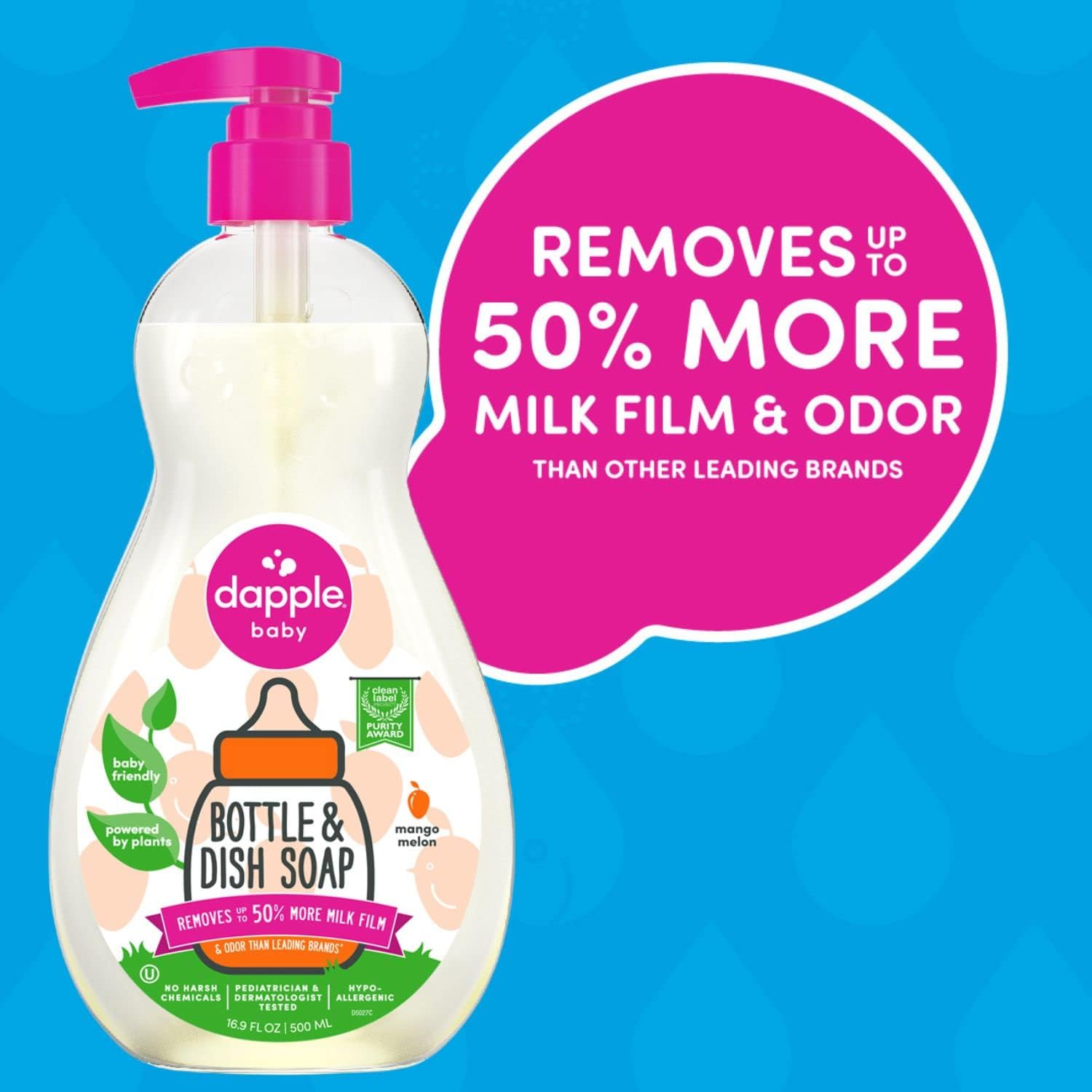 Dapple Baby Bottle Soap, Hypoallergenic Dish Soap for Baby Bottles, Powered by Plants, 1 Pump Included, Packaging May Vary, Fragrance Free, 16.9 Fl Oz (Pack of 3)