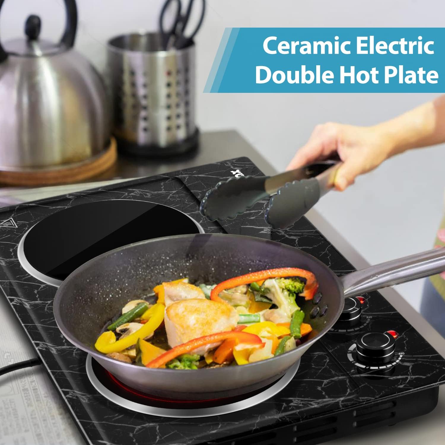 CUSIMAX 1800W Ceramic Electric Hot Plate for Cooking, Dual Control Infrared Cooktop, Double Burner, Portable Countertop Burner, Glass Plate Electric Cooktop, Silver, Stainless Steel-Upgraded Version