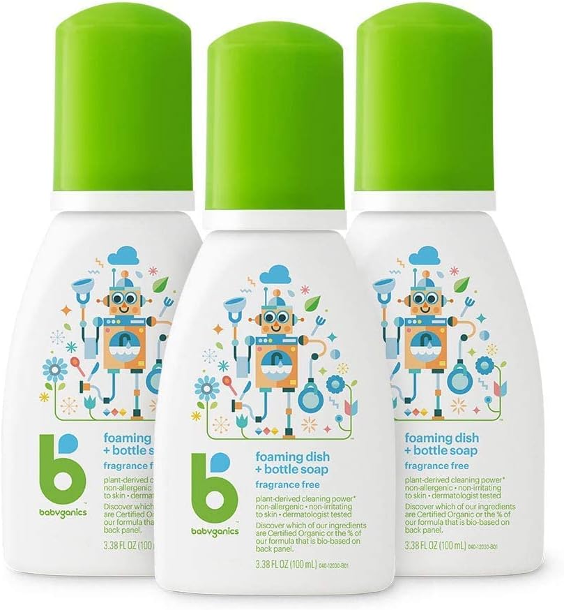 Babyganics Foaming Dish & Bottle Soap, Pump Bottle, Fragrance Free, Plant-Derived Cleaning Power, Removes Dried Milk, 16 Fl Oz, (Pack of 3), Packaging May Vary