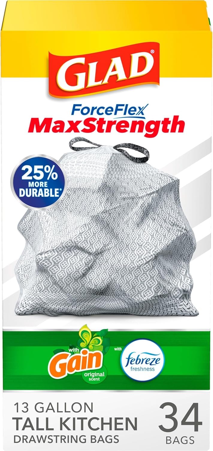 Glad Trash Bags, ForceFlexPlus XL X-Large Kitchen Drawstring Garbage Bags - 20 Gallon Grey Trash Bag, Fresh Clean with Febreze Freshness 80 Count (Package May Vary)