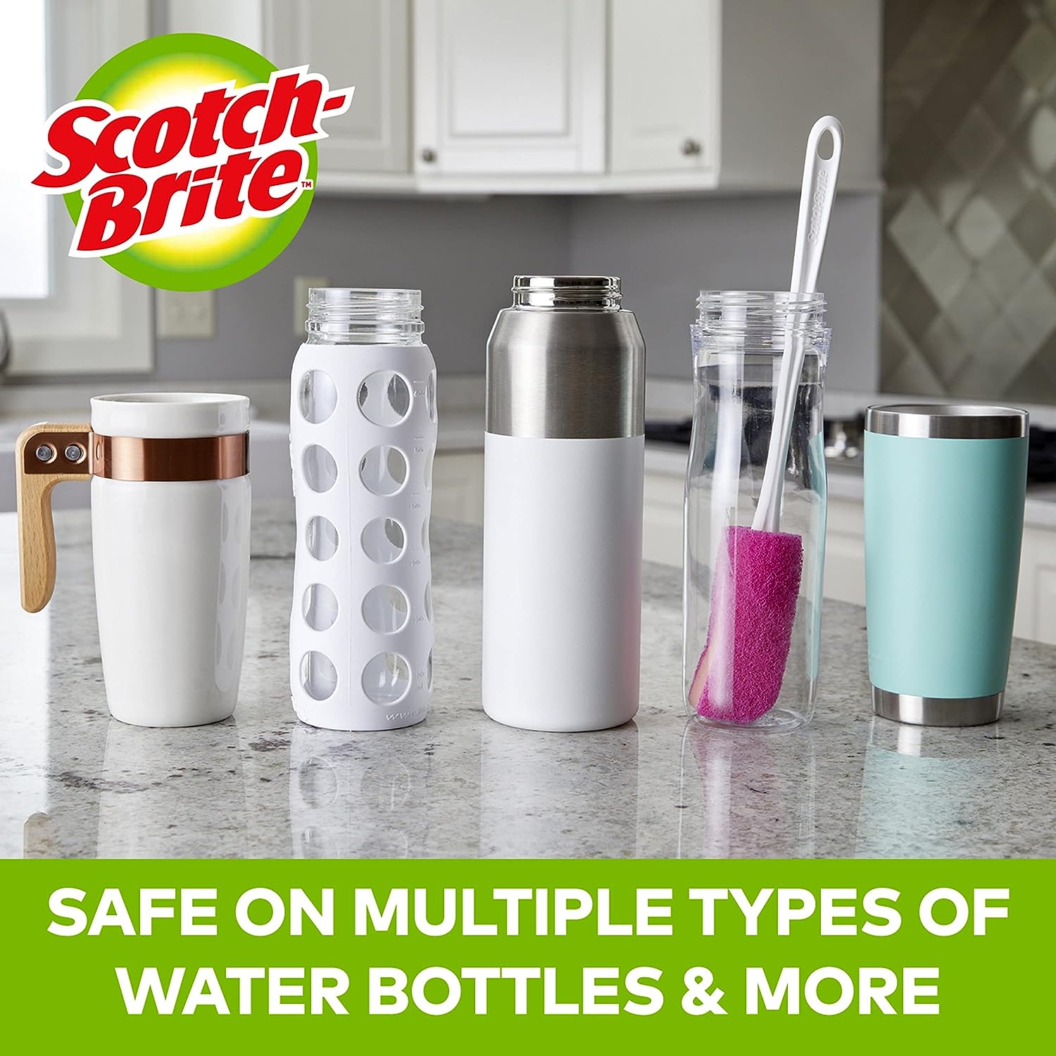 Scotch-Brite Kitchen Brush Kit - Glass and Water Bottle Brush & Advanced Soap Control Dishwand Brush - Scrub Brushes for Cleaning Kitchen and Washing Dishes