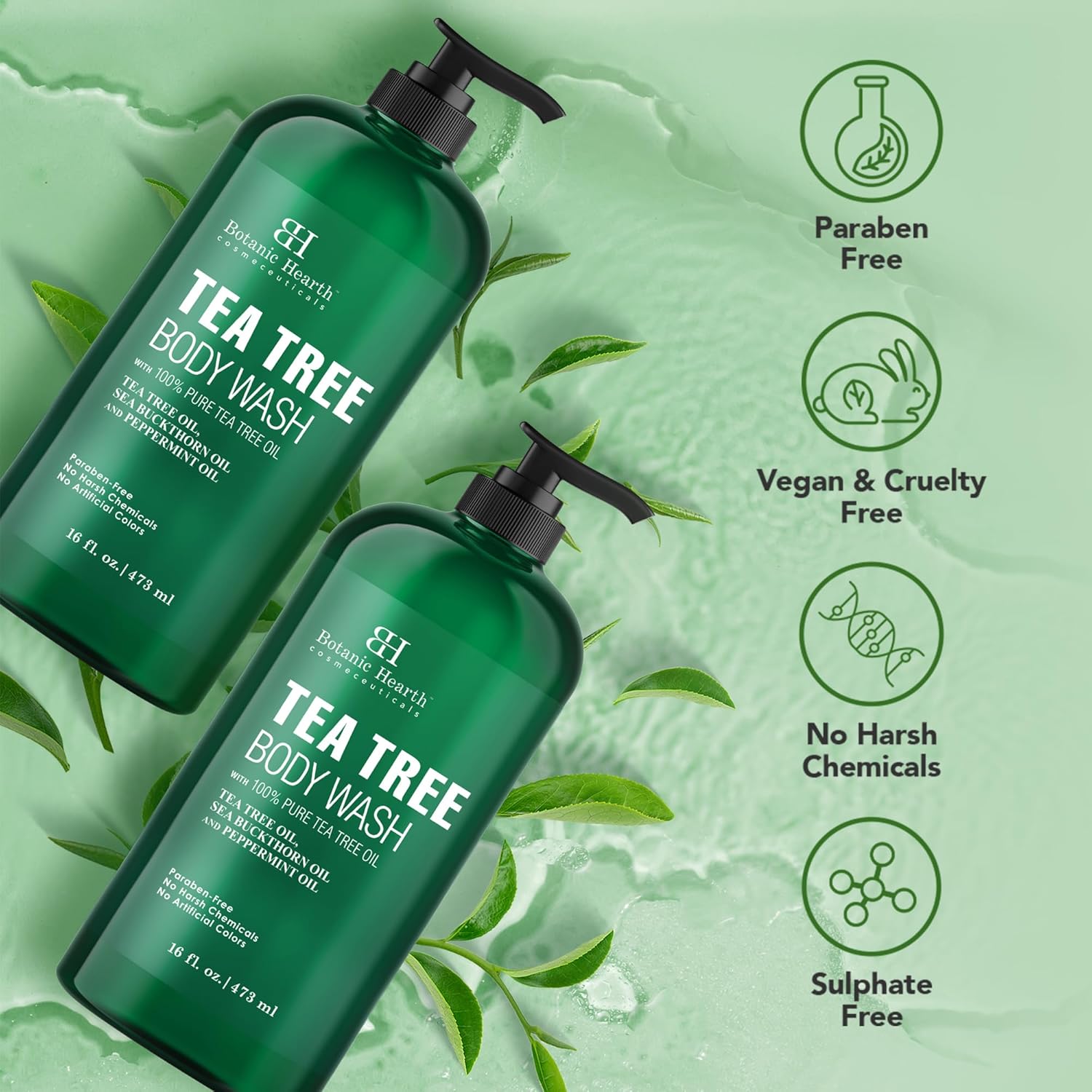 Botanic Hearth Tea Tree Body Wash - 16 fl oz - Helps Soothe Itchy, Dry Skin, Antifungal Body Wash with 100% Pure Tea Tree Oil - Sulfate Free, Paraben Free, for Men and Women