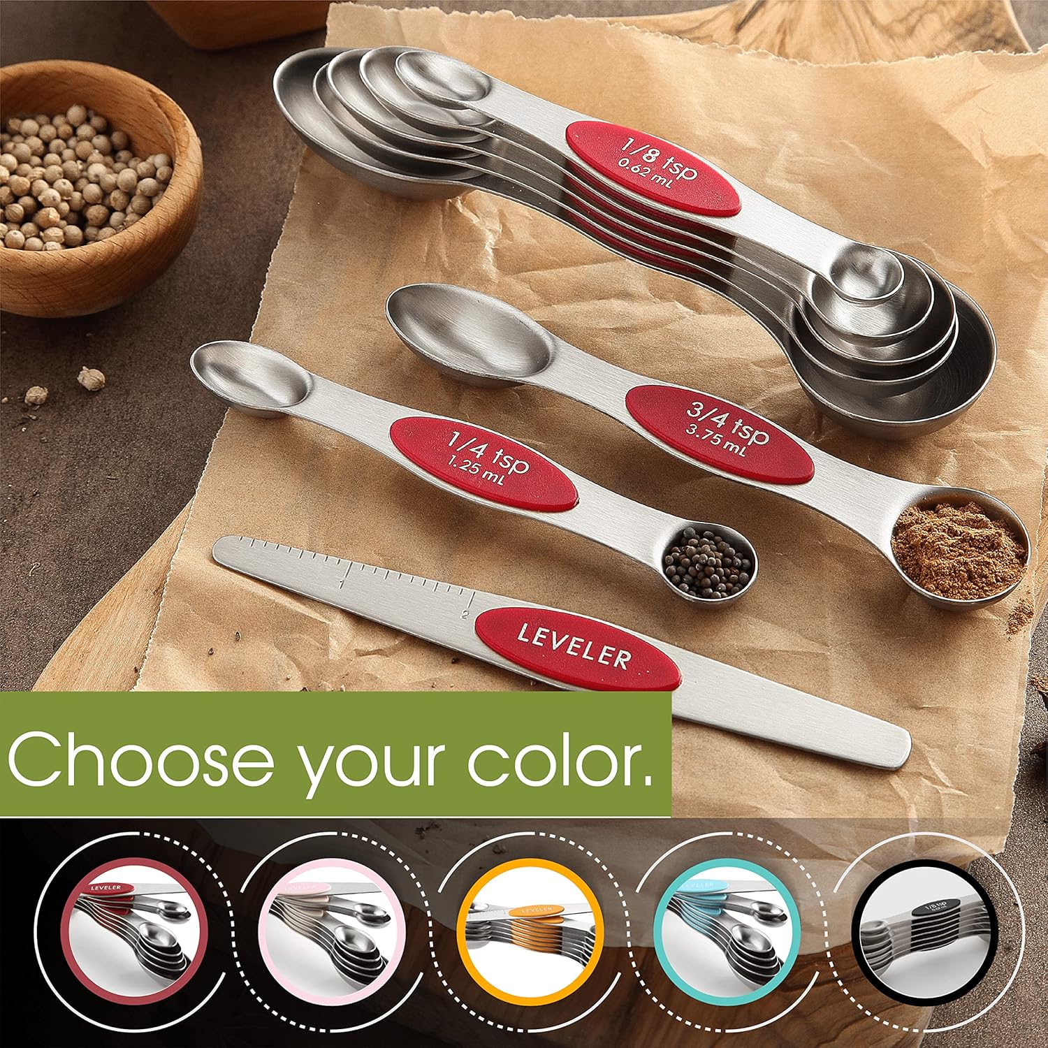 Spring Chef Magnetic Measuring Spoons Set with Strong N45 Magnets, Heavy Duty Stainless Steel Metal, Fits in Most Kitchen Spice Jars for Baking & Cooking, BPA Free, Black, Set of 8 with Leveler