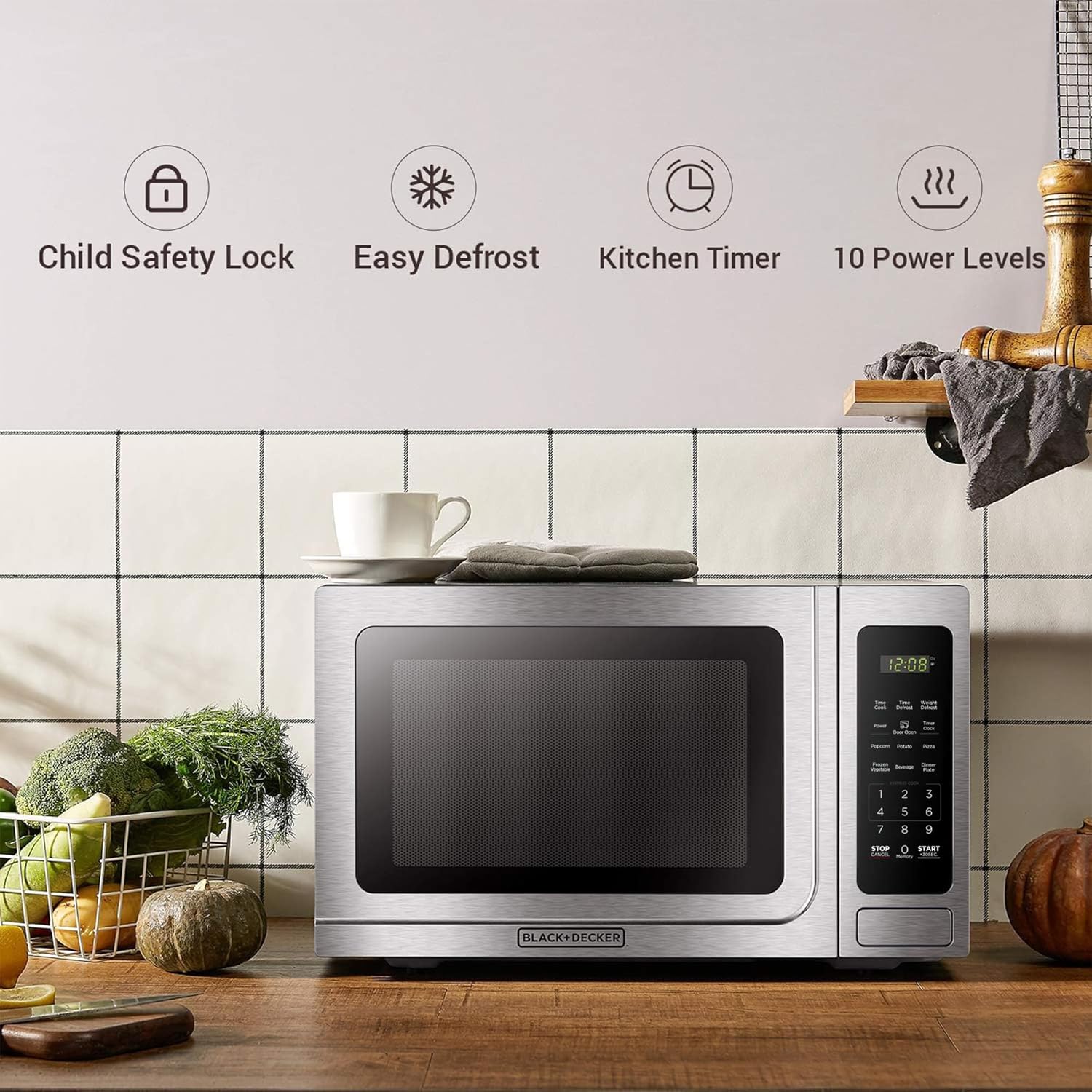 BLACK+DECKER EM720CB7 Digital Microwave Oven with Turntable Push-Button Door, Child Safety Lock, 700W, Stainless Steel, 0.7 Cu.ft