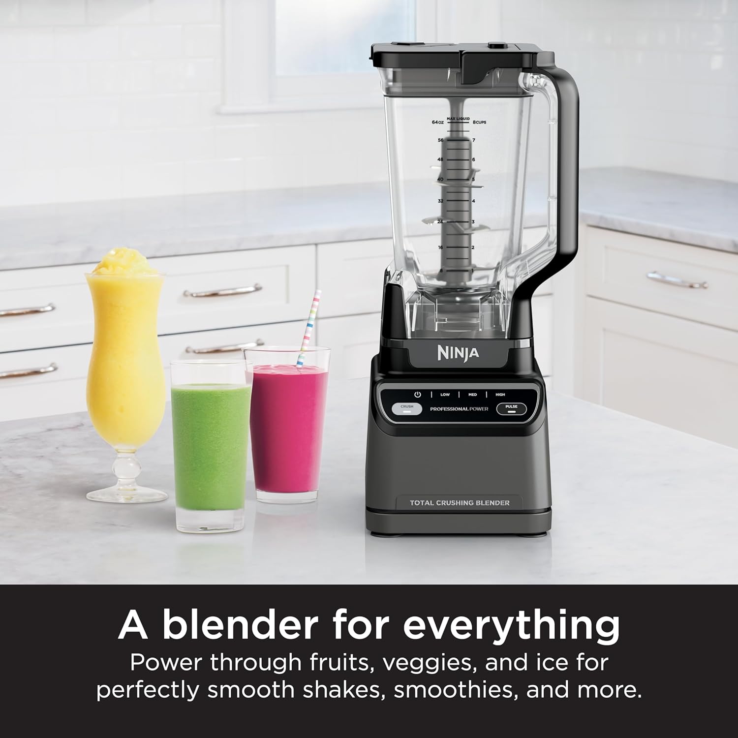 Ninja Blender, For-Smoothies, Salsa, Shakes, Slush, and-Frozen Drinks, Blender, Pitcher, and-Lid, Blender for-Kitchen, Crushes Ice, Fruit, and-Veggies, 1000-Watt, Dishwasher Safe, Black, NJ601AMZ​